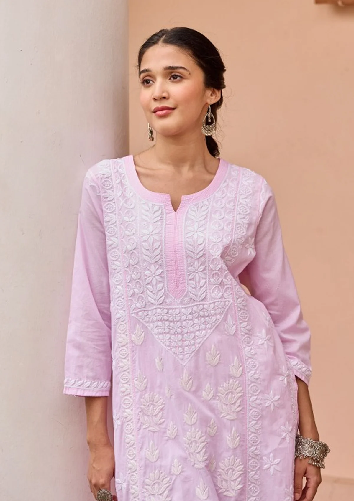 Cotton Chikankari Solid Women's Long Kurta - Pink - Image 2
