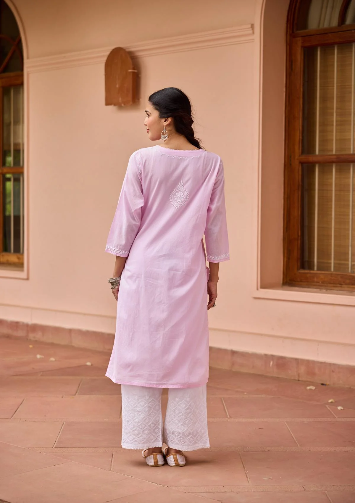 Cotton Chikankari Solid Women's Long Kurta - Pink - Image 5