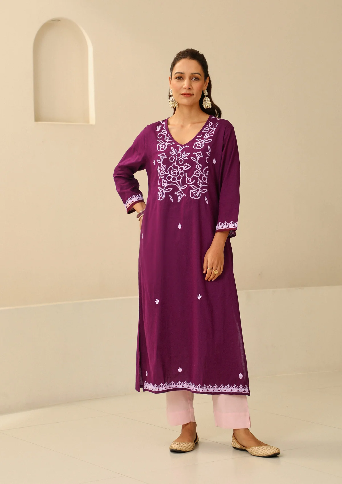 Cotton Chikankari Solid Women's long kurta - Purple