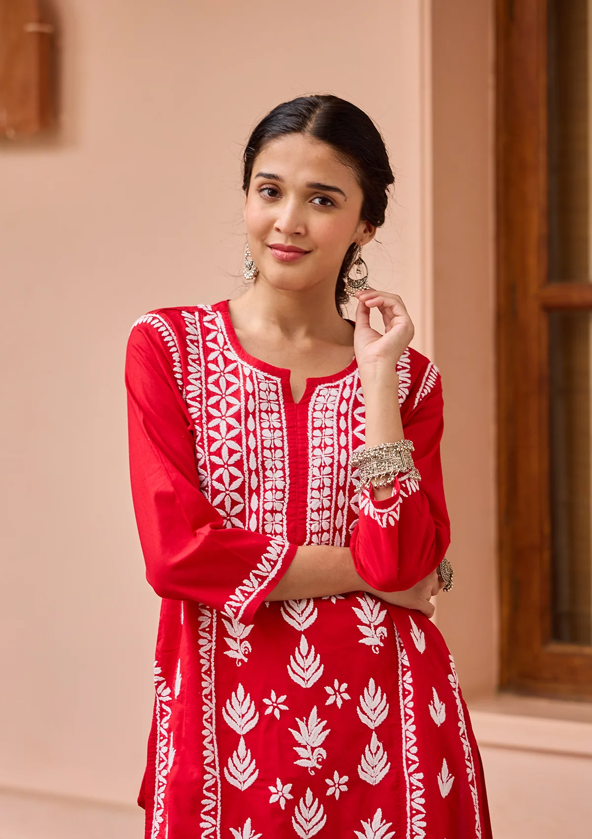 HOC Cotton Chikankari Solid Women's Long Kurta - Red - Image 4