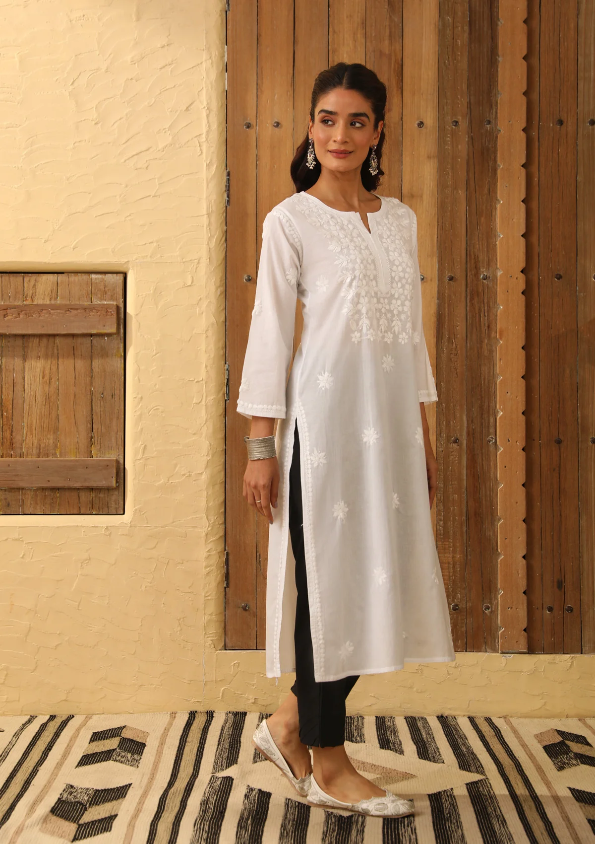 HOC Cotton Chikankari Solid Women's Long Kurta - White - Image 3