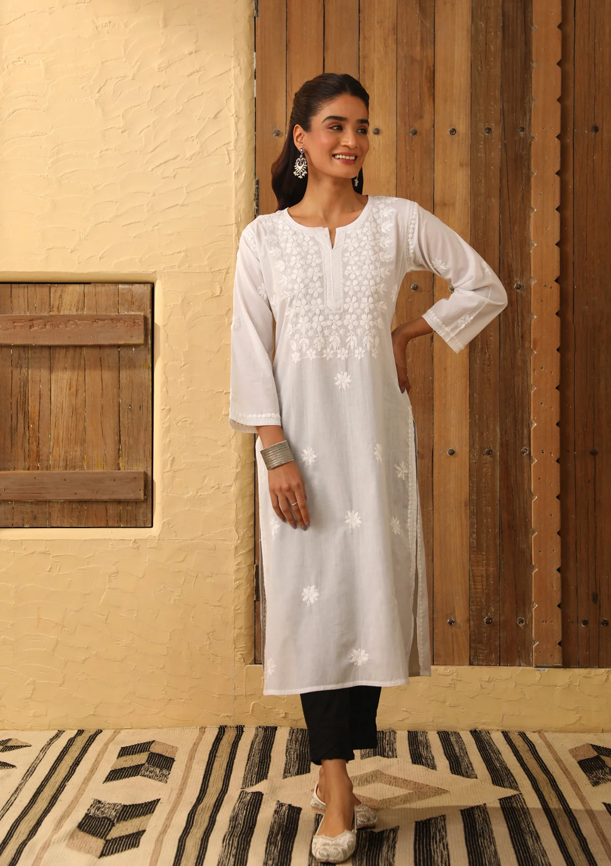 HOC Cotton Chikankari Solid Women's Long Kurta - White - Image 4