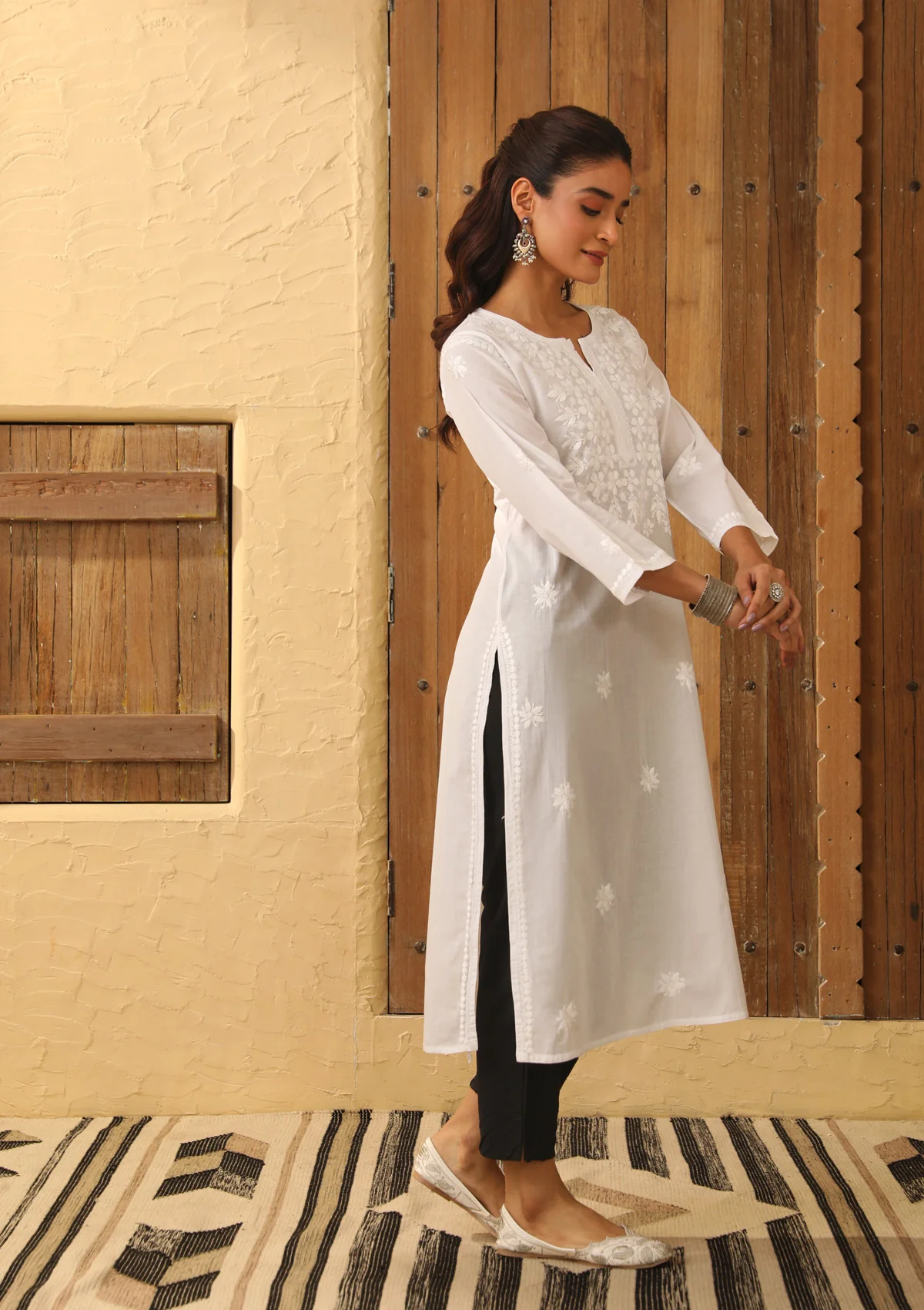 HOC Cotton Chikankari Solid Women's Long Kurta - White - Image 5