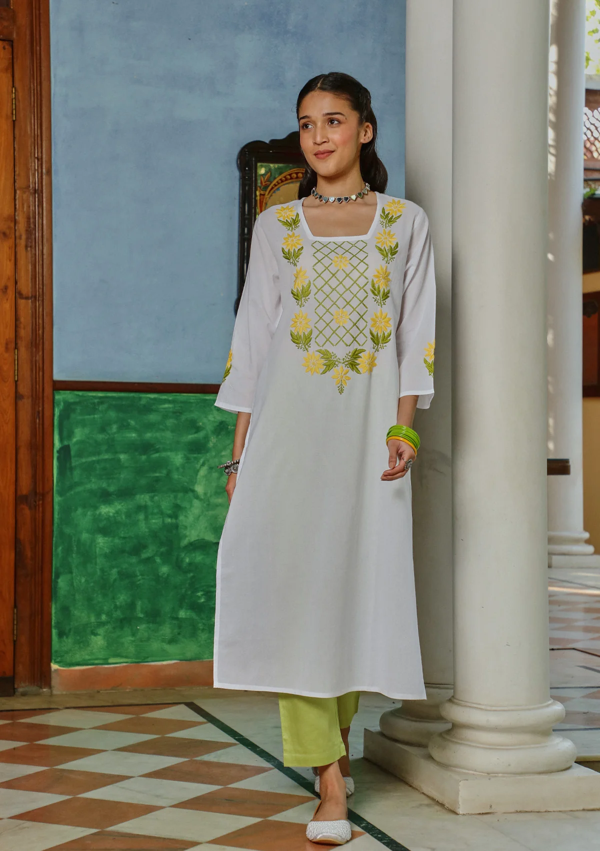 HOC Cotton Chikankari Solid Women's Long Kurta - White - Image 4