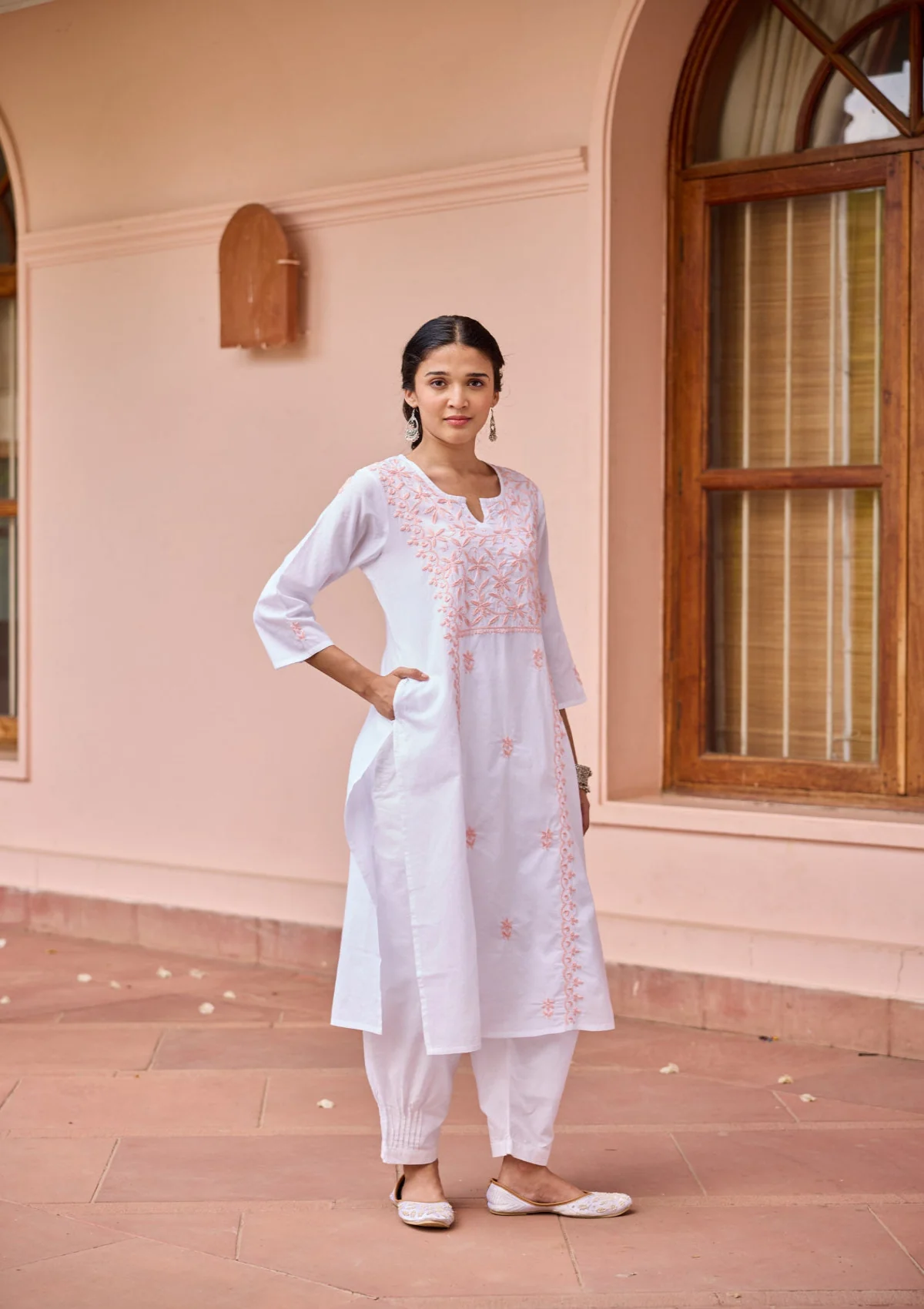 HOC Cotton Chikankari Solid Women's Long Kurta - White - Image 3