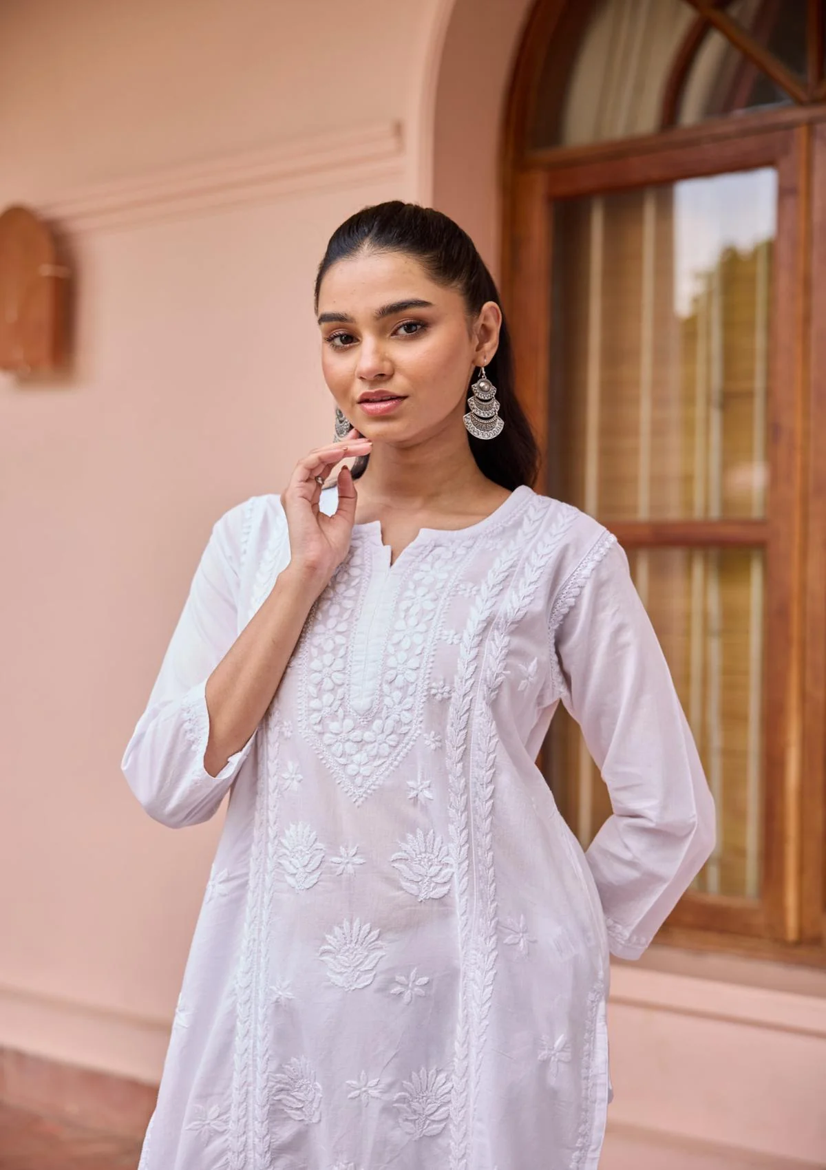 HOC Cotton Chikankari Solid Women's Long Kurta - White - Image 2