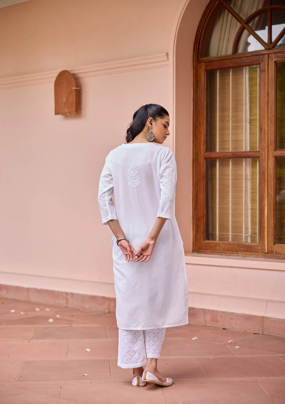 HOC Cotton Chikankari Solid Women's Long Kurta - White - Image 5
