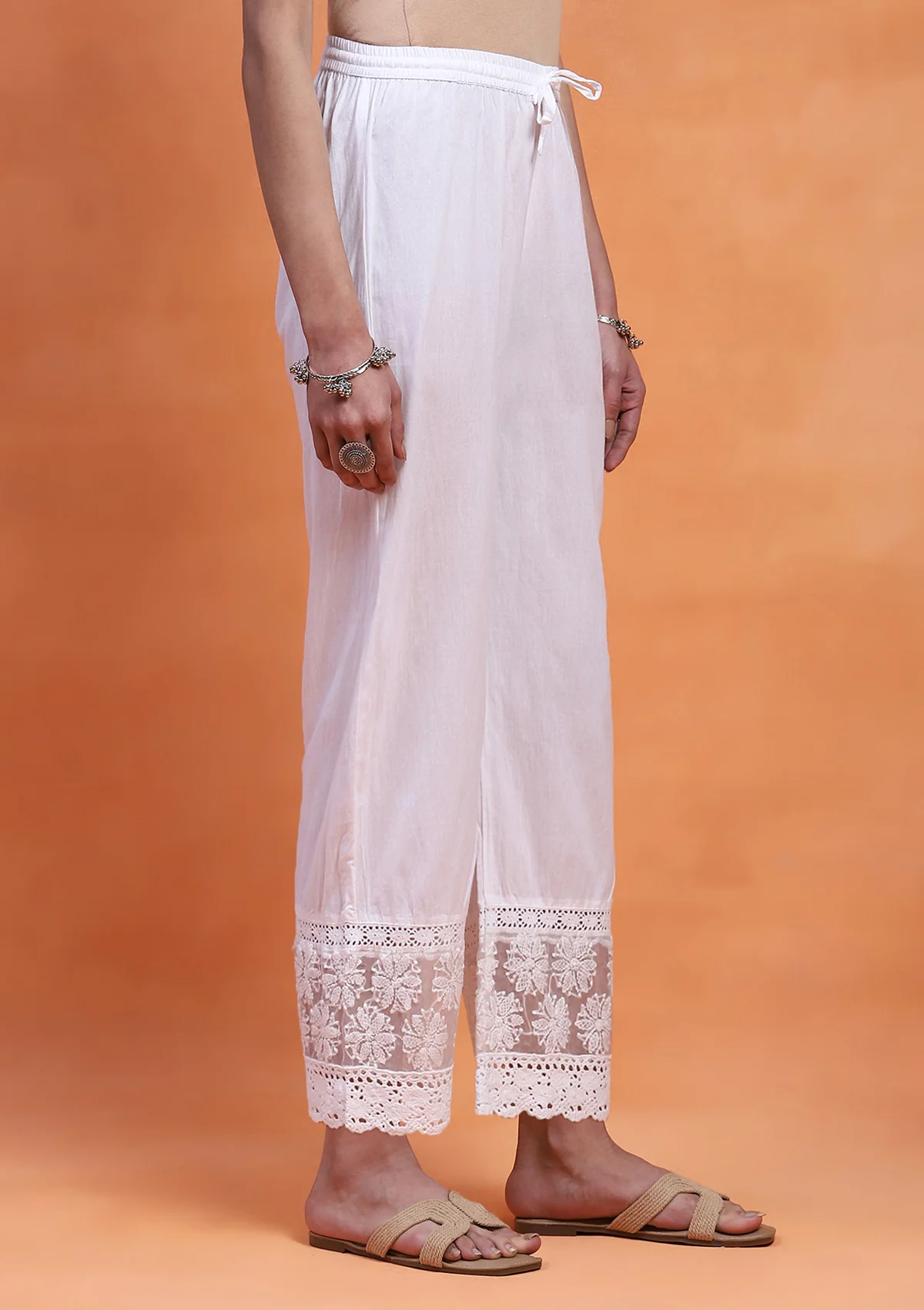 HOC Cotton Chikankari Solid Women's Palazzo - White