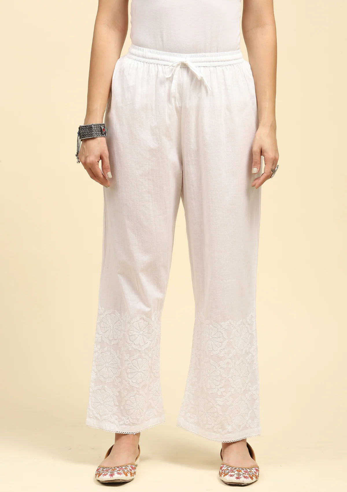 HOC Cotton Chikankari Solid Women's Palazzo - White