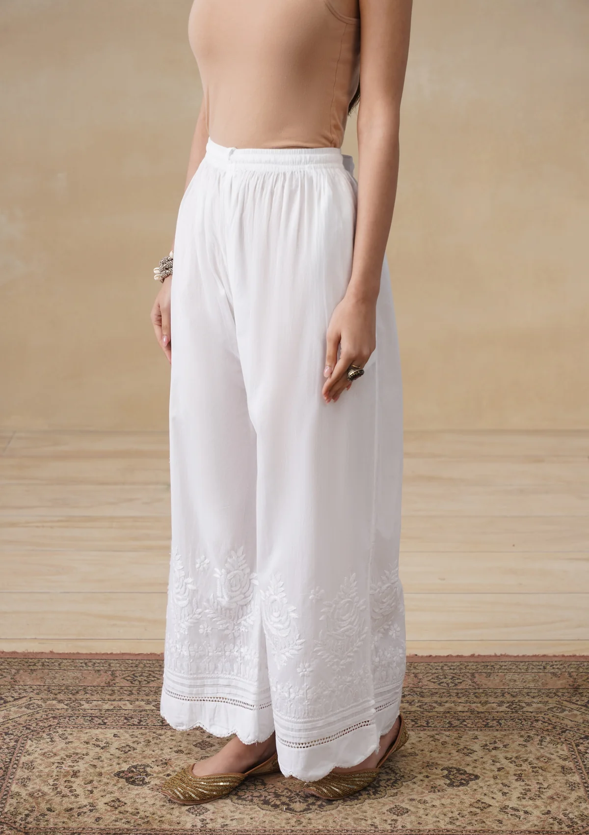HOC Cotton Chikankari Solid Women's Palazzo - White - Image 2