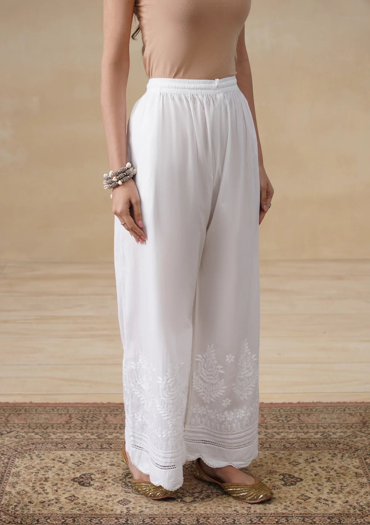 HOC Cotton Chikankari Solid Women's Palazzo - White - Image 3