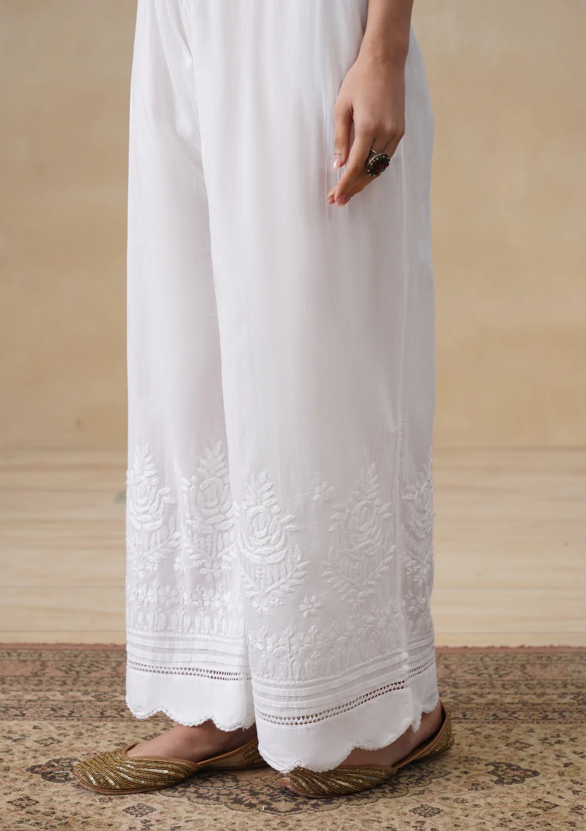 HOC Cotton Chikankari Solid Women's Palazzo - White - Image 5