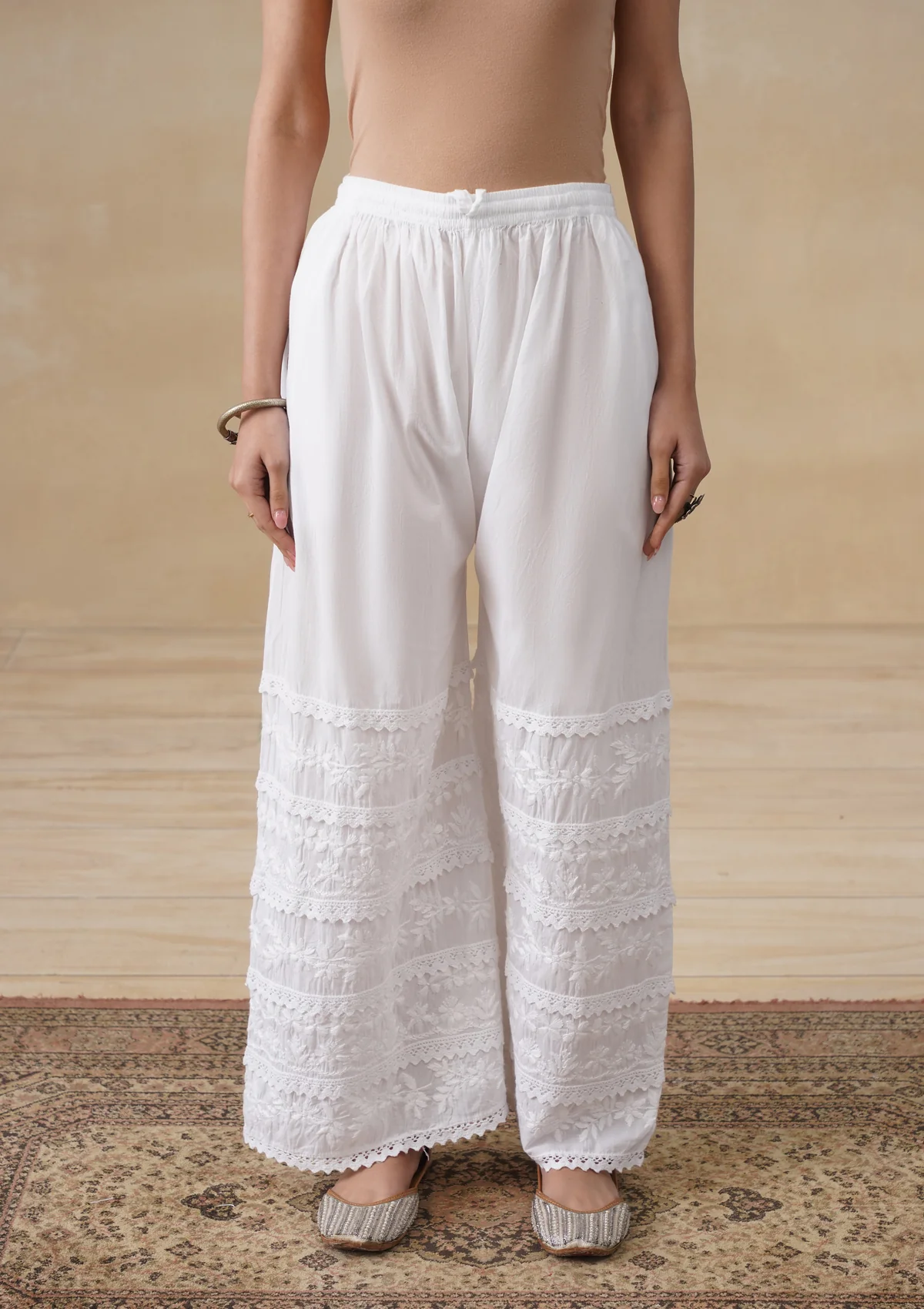 HOC Cotton Chikankari Solid Women's Palazzo - White