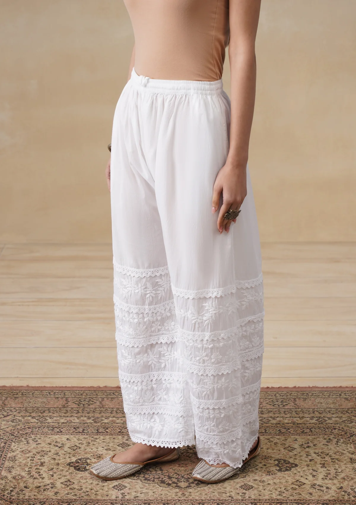 HOC Cotton Chikankari Solid Women's Palazzo - White - Image 2