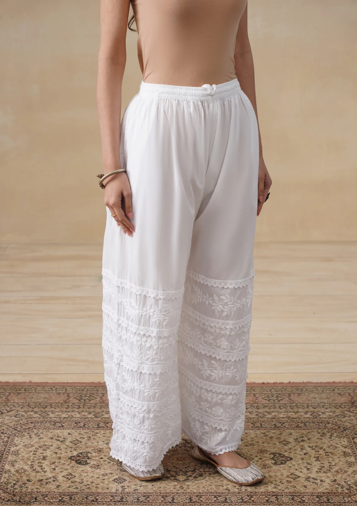 HOC Cotton Chikankari Solid Women's Palazzo - White - Image 3