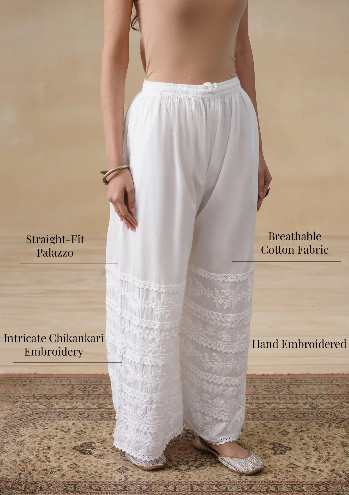 HOC Cotton Chikankari Solid Women's Palazzo - White - Image 7