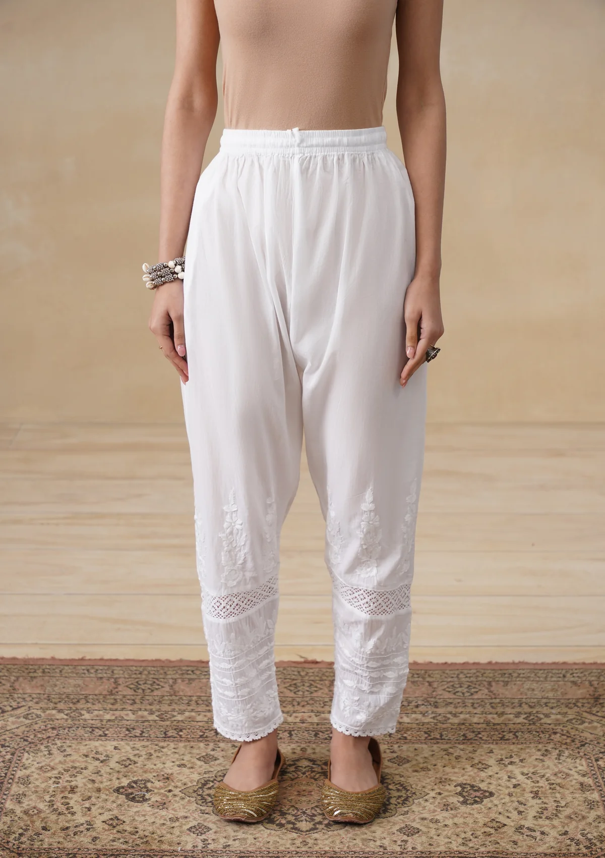 HOC Cotton Chikankari Solid Women's Pant - White