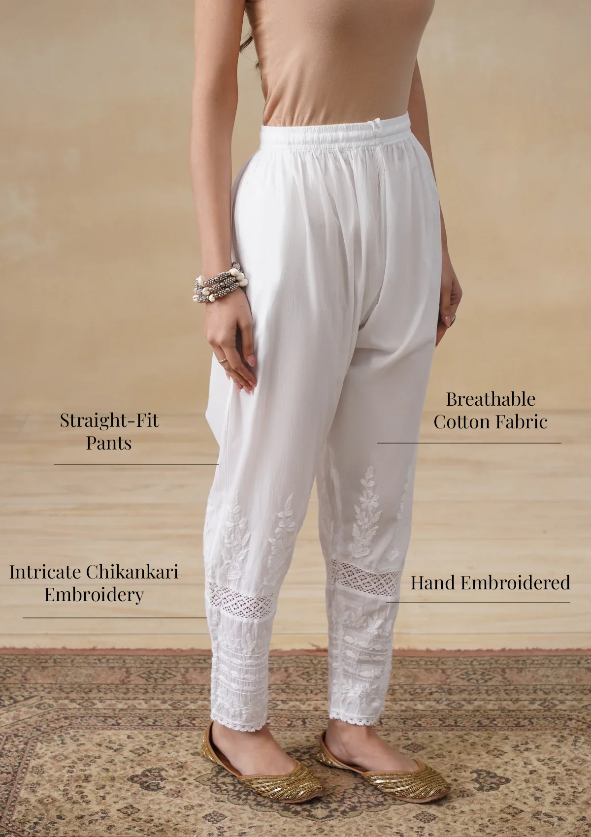 HOC Cotton Chikankari Solid Women's Pant - White - Image 7