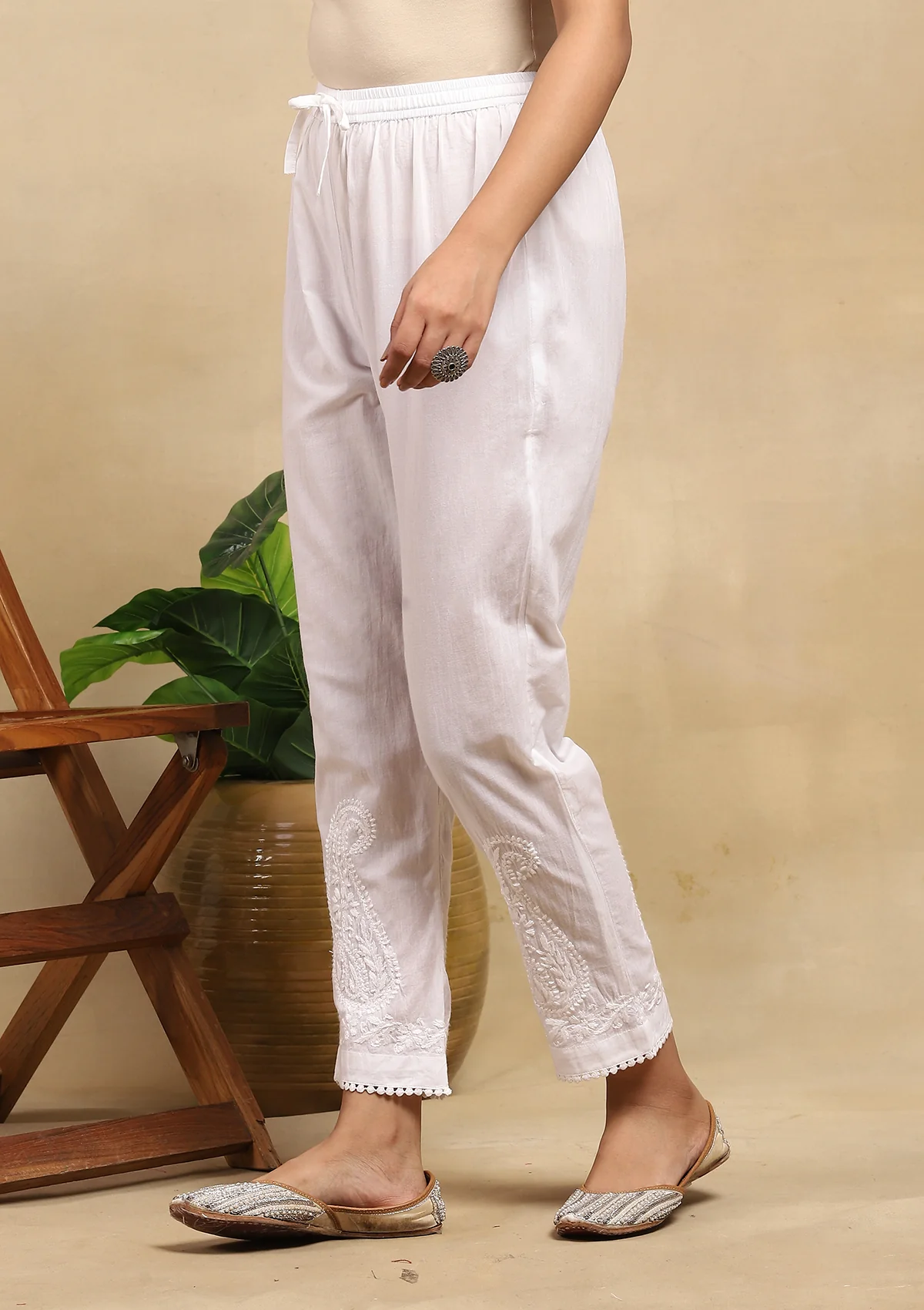HOC Cotton Chikankari Solid Women's Pants With Lace - White - Image 3