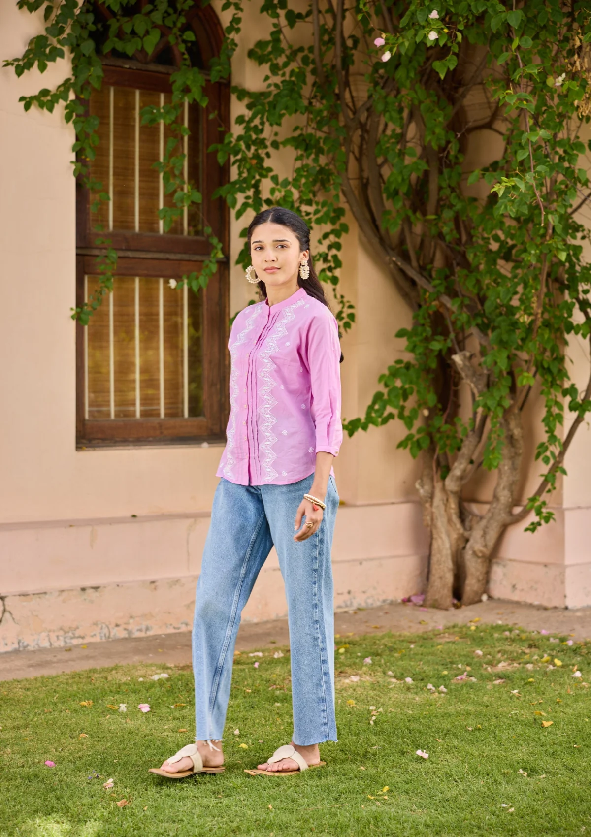 HOC Cotton Chikankari Solid Women's Shirt - Lavender - Image 3