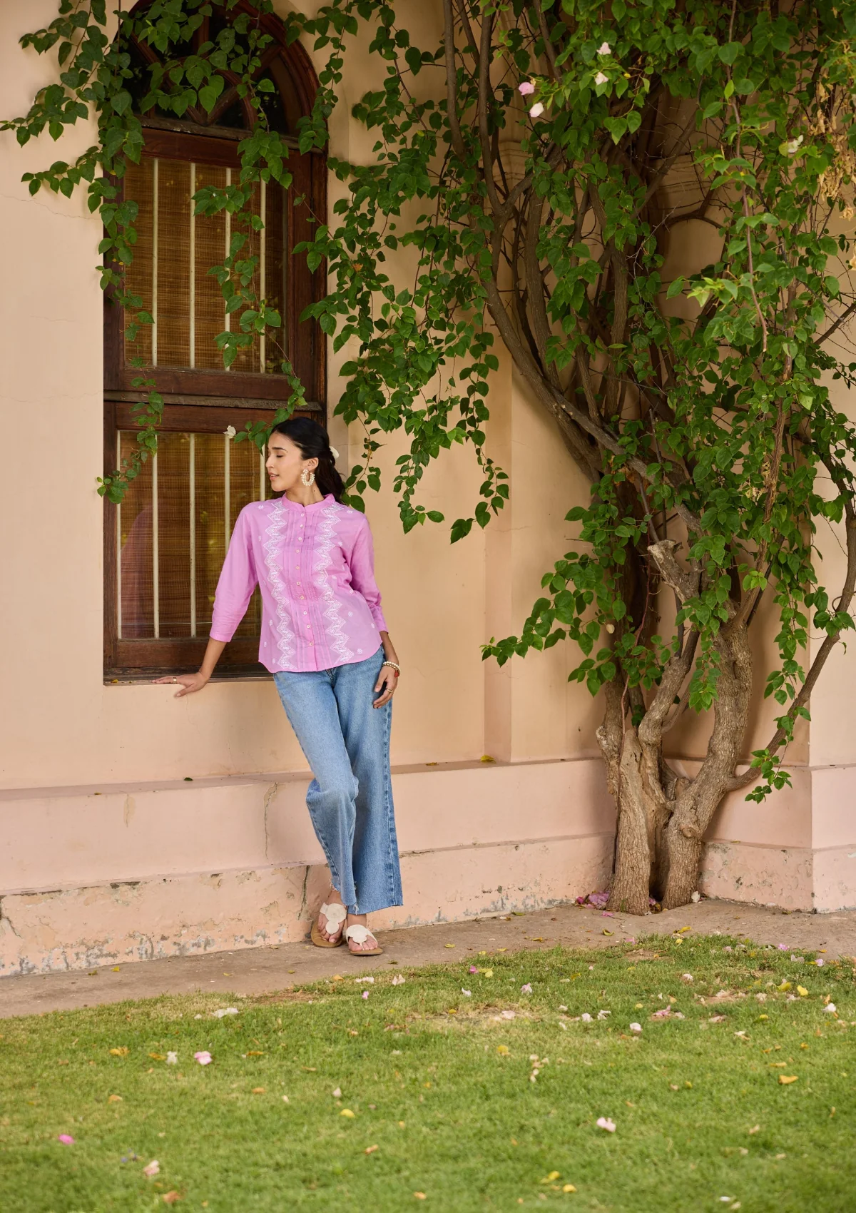 HOC Cotton Chikankari Solid Women's Shirt - Lavender - Image 4