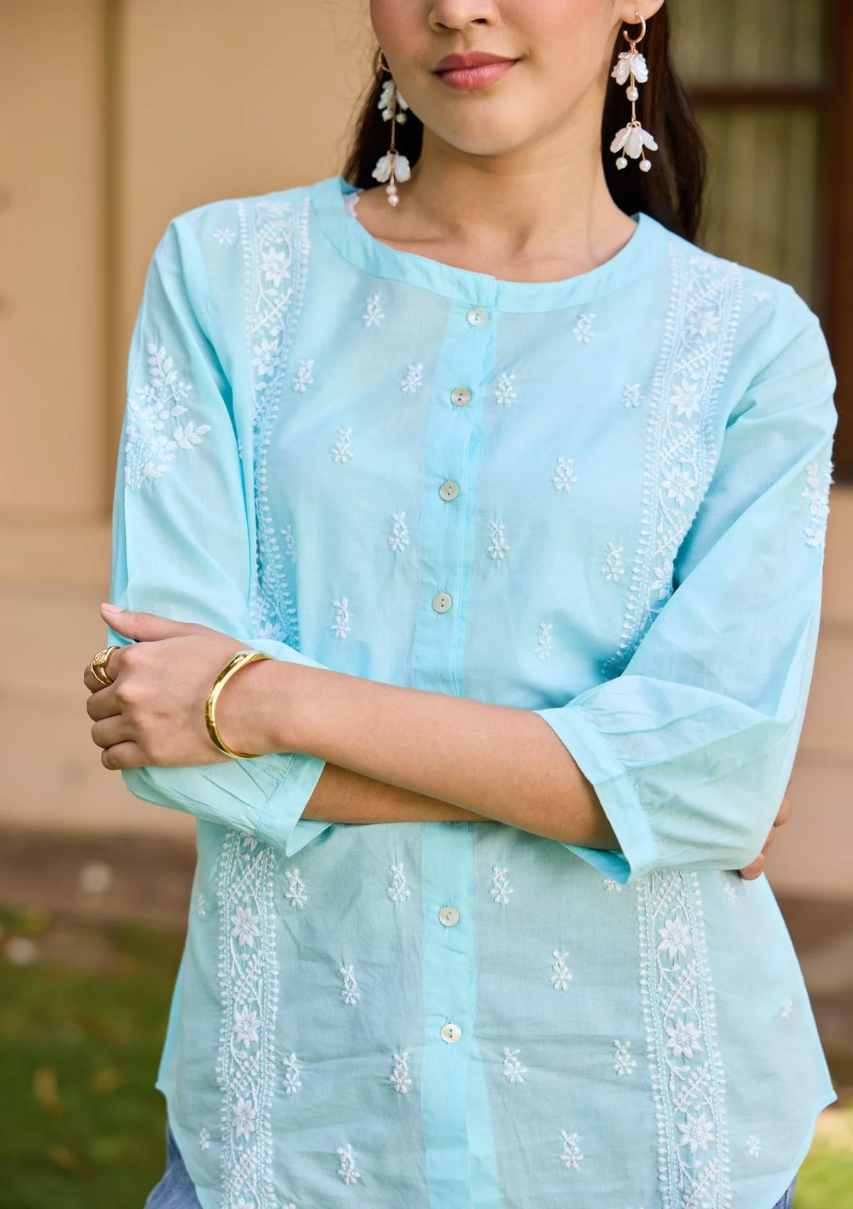 HOC Cotton Chikankari Solid Women's Shirt - Powder Blue - Image 4