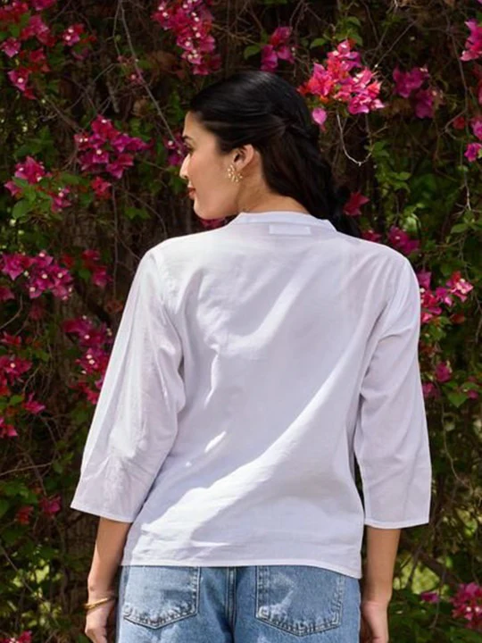 HOC Cotton Chikankari Solid Women's Shirt - White - Image 3