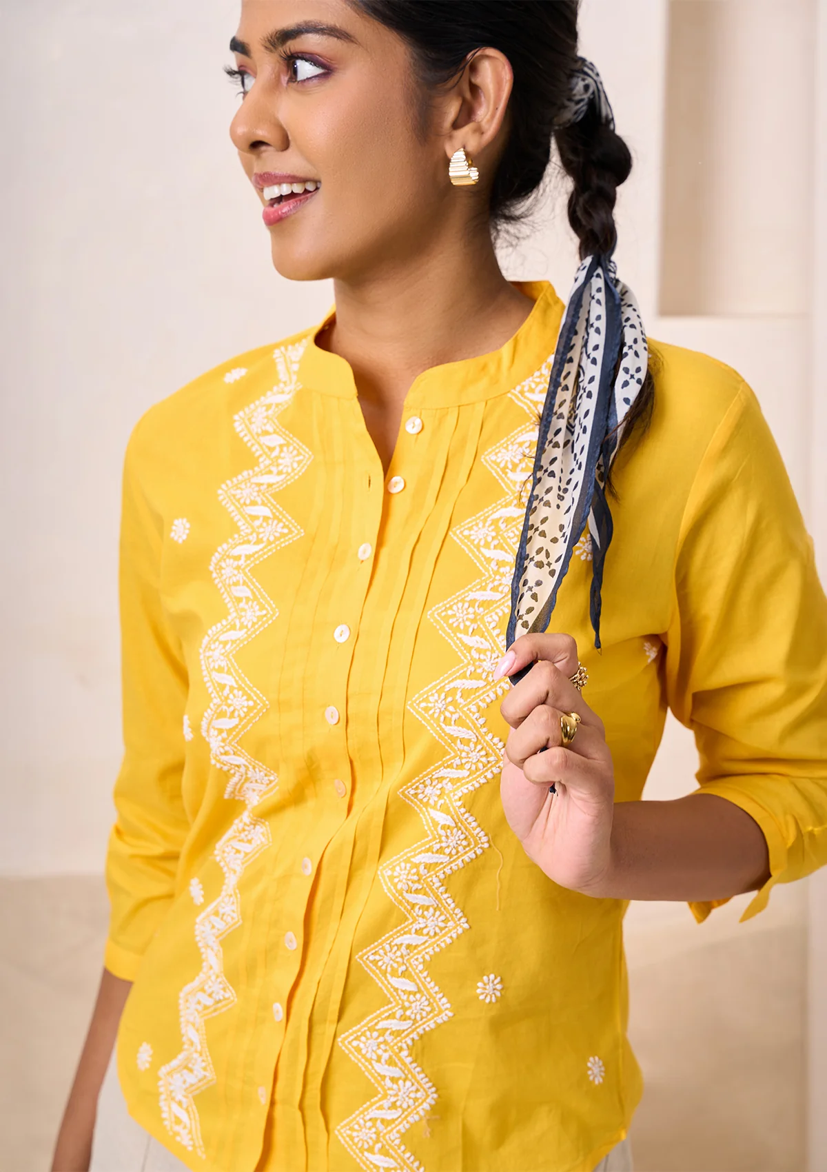 HOC Cotton Chikankari Solid Women's Shirt - Yellow - Image 3