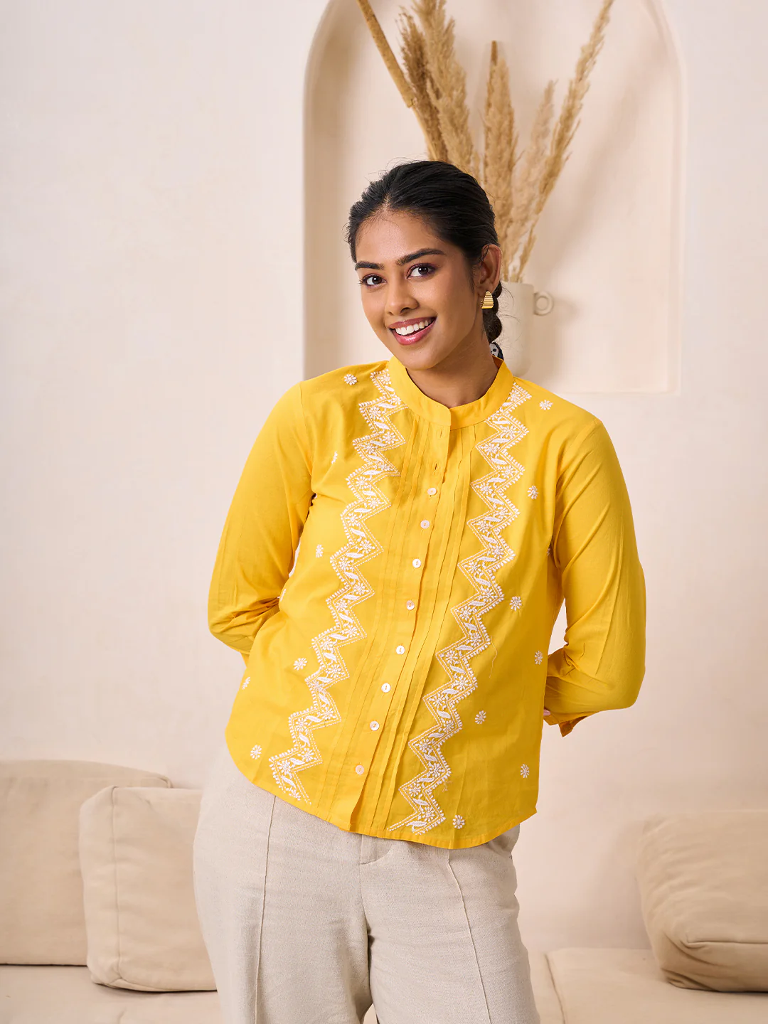 HOC Cotton Chikankari Solid Women's Shirt - Yellow - Image 4