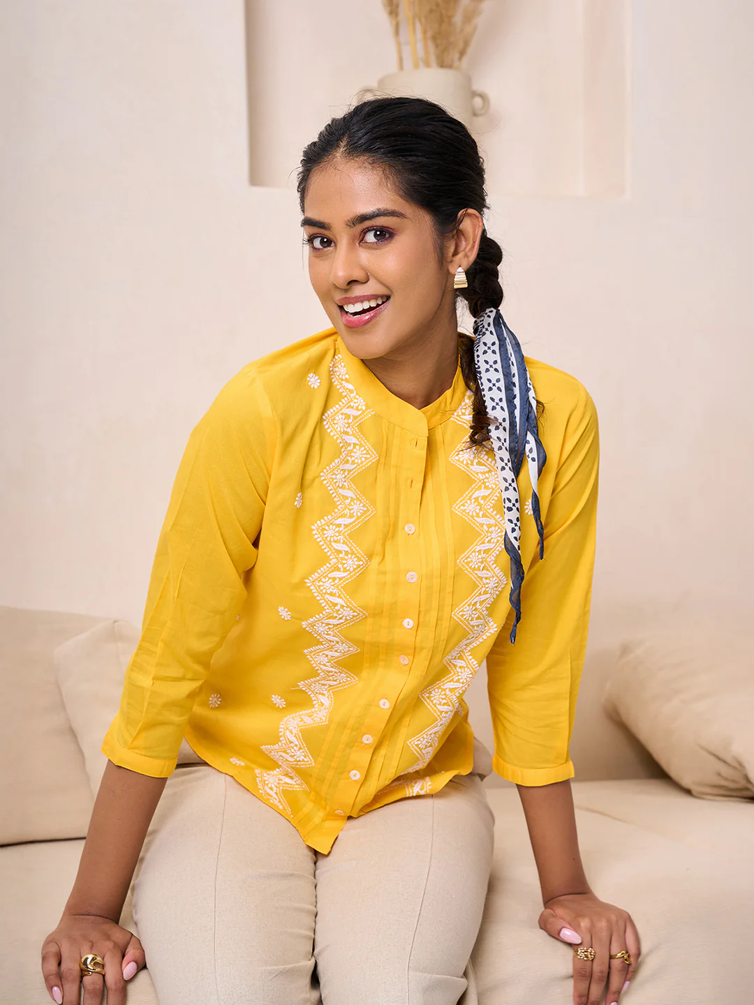 HOC Cotton Chikankari Solid Women's Shirt - Yellow - Image 5