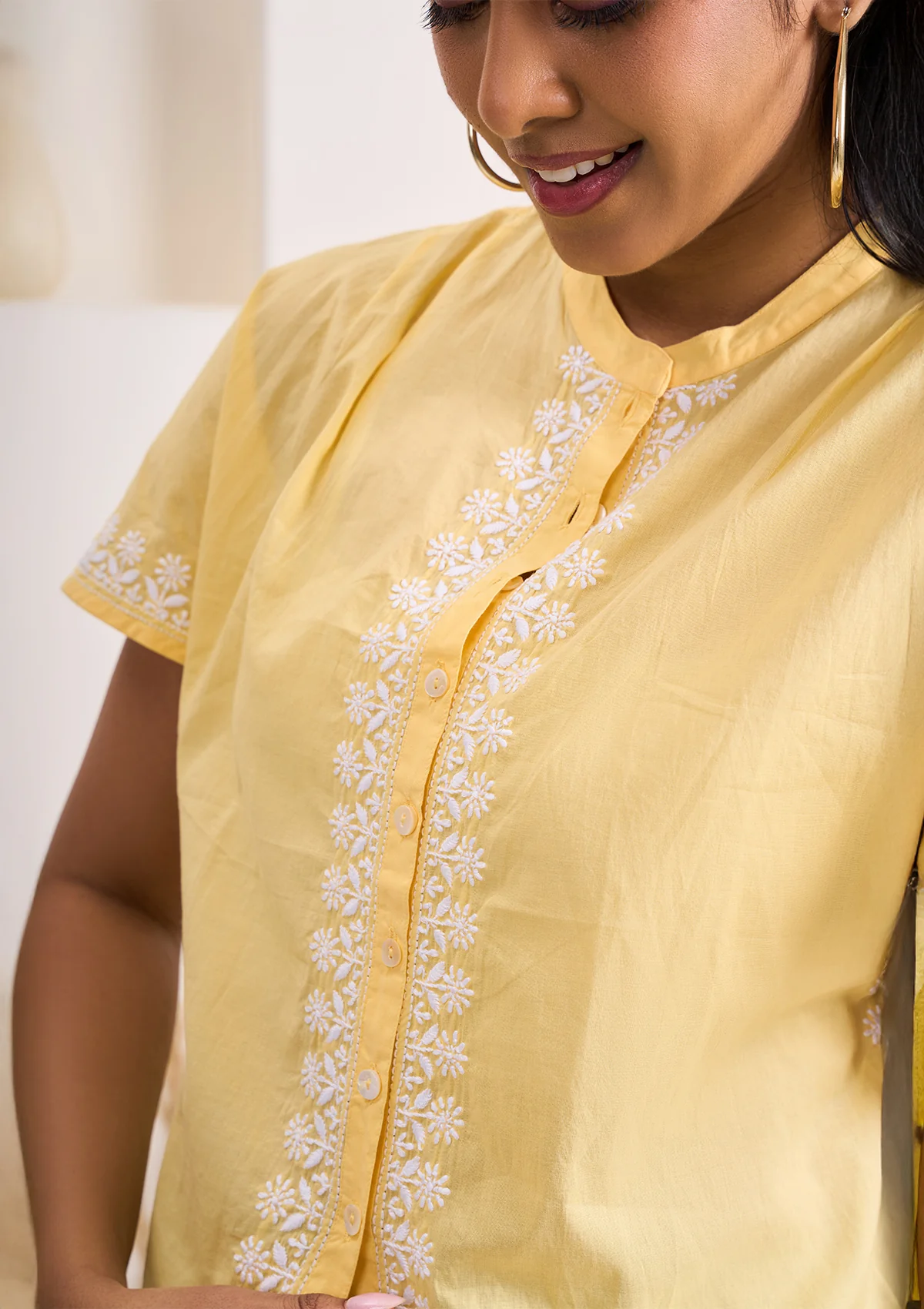 HOC Cotton Chikankari Solid Women's Shirt - Yellow - Image 3
