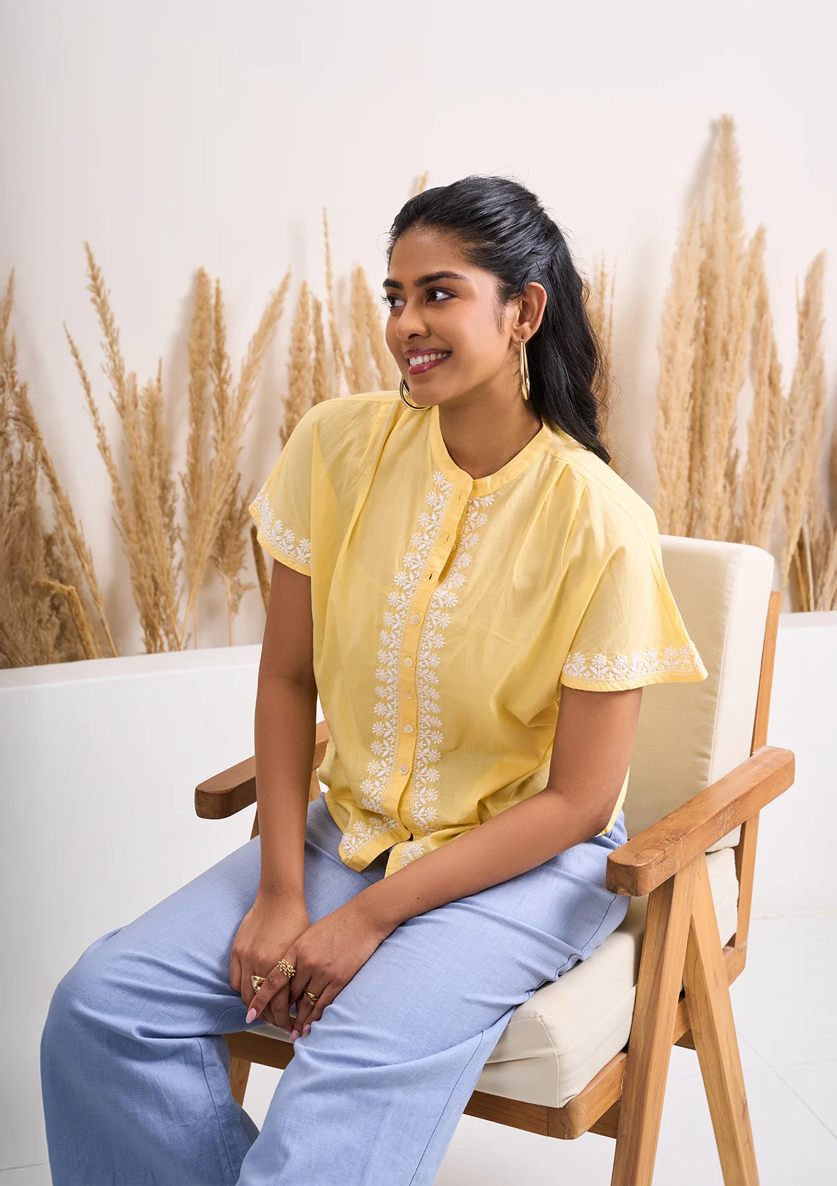 HOC Cotton Chikankari Solid Women's Shirt - Yellow - Image 4