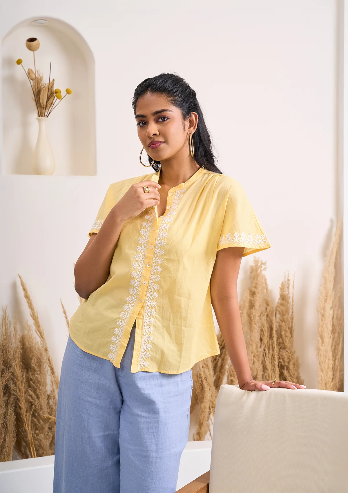 HOC Cotton Chikankari Solid Women's Shirt - Yellow - Image 5