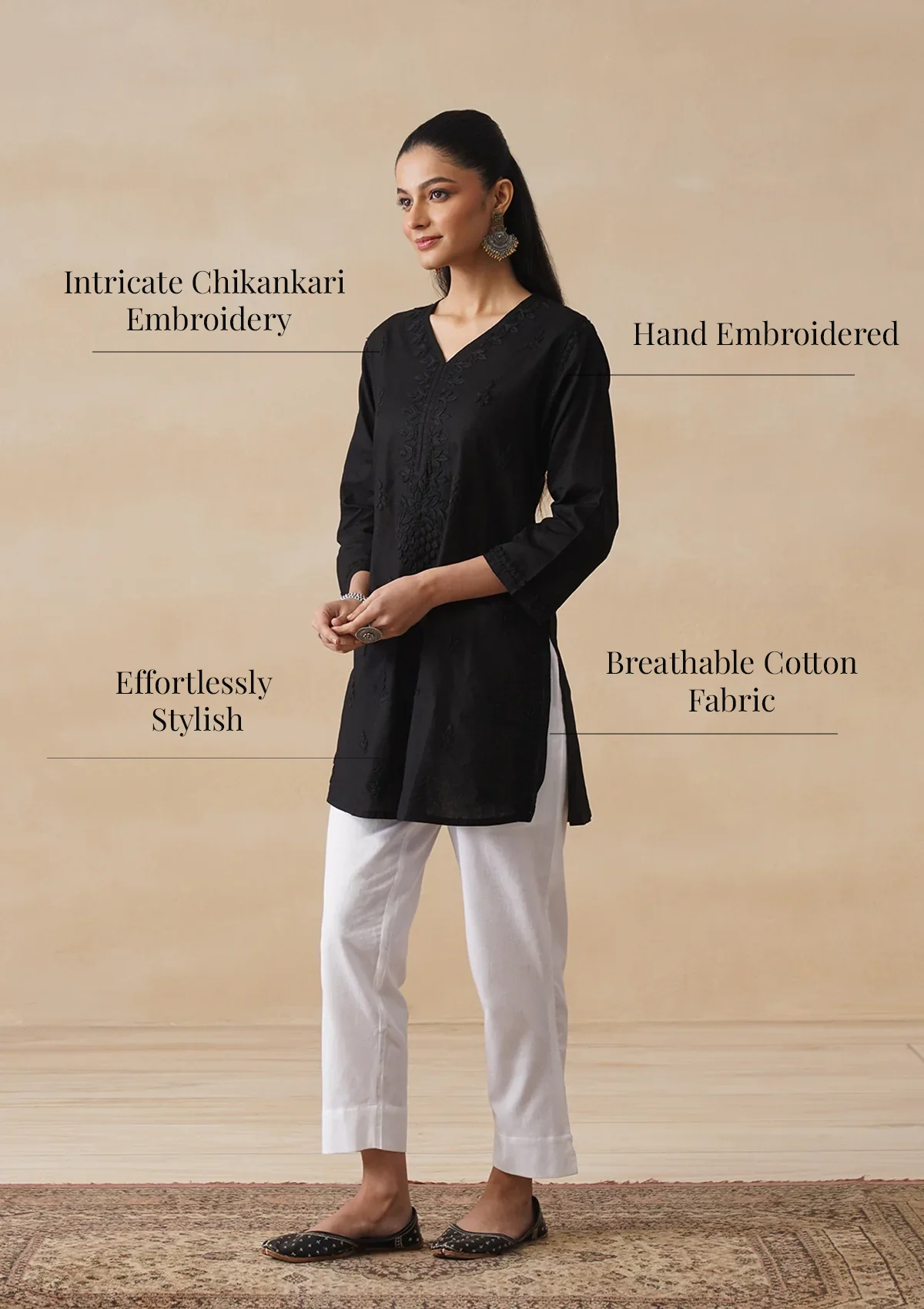 HOC Cotton Chikankari Solid Women's Short Kurta - Black - Image 10
