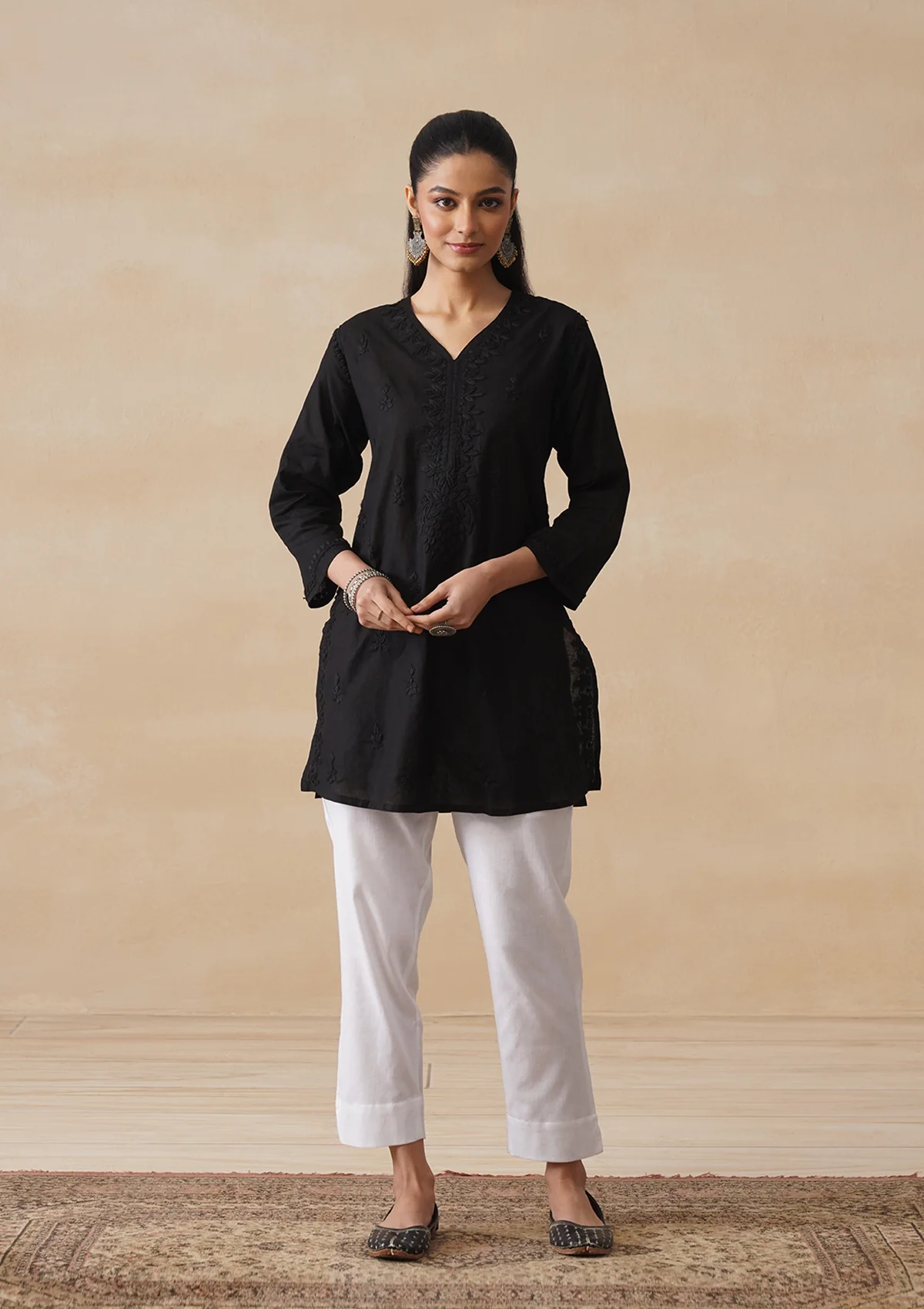 HOC Cotton Chikankari Solid Women's Short Kurta - Black - Image 5
