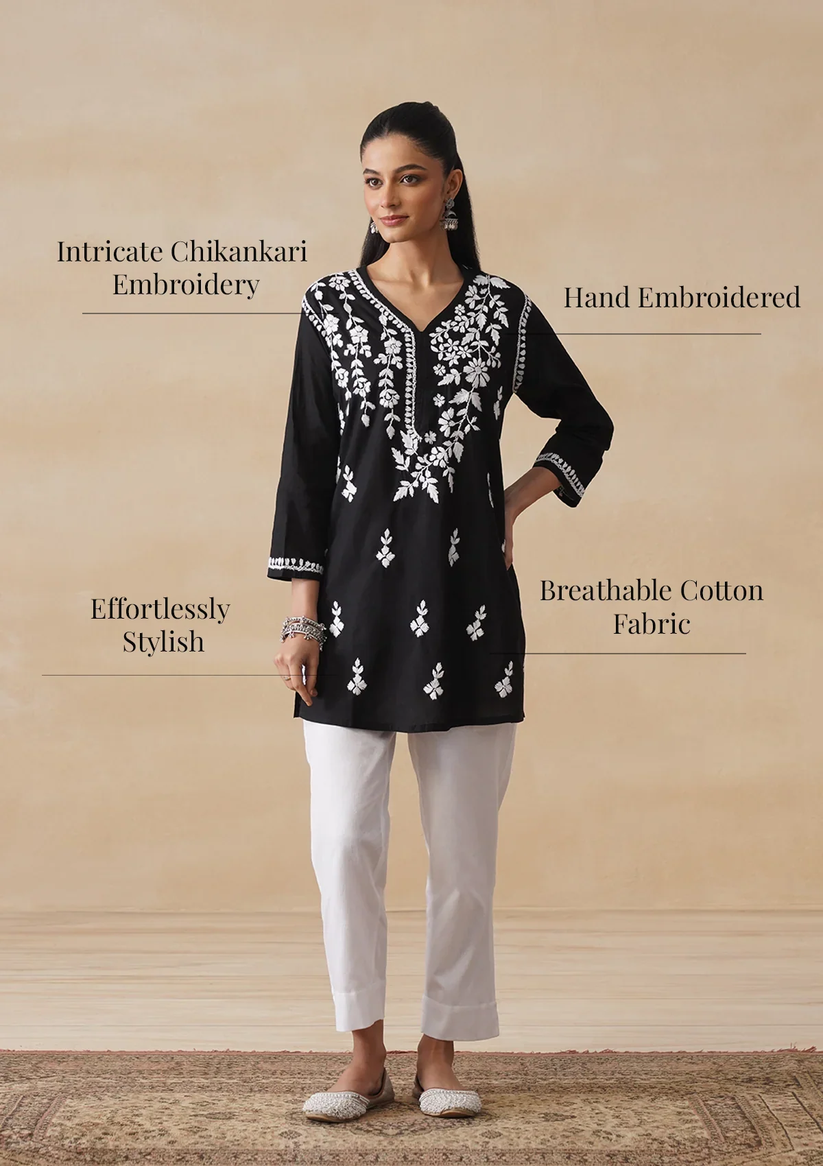 HOC Cotton Chikankari Solid Women's Short Kurta - Black - Image 11