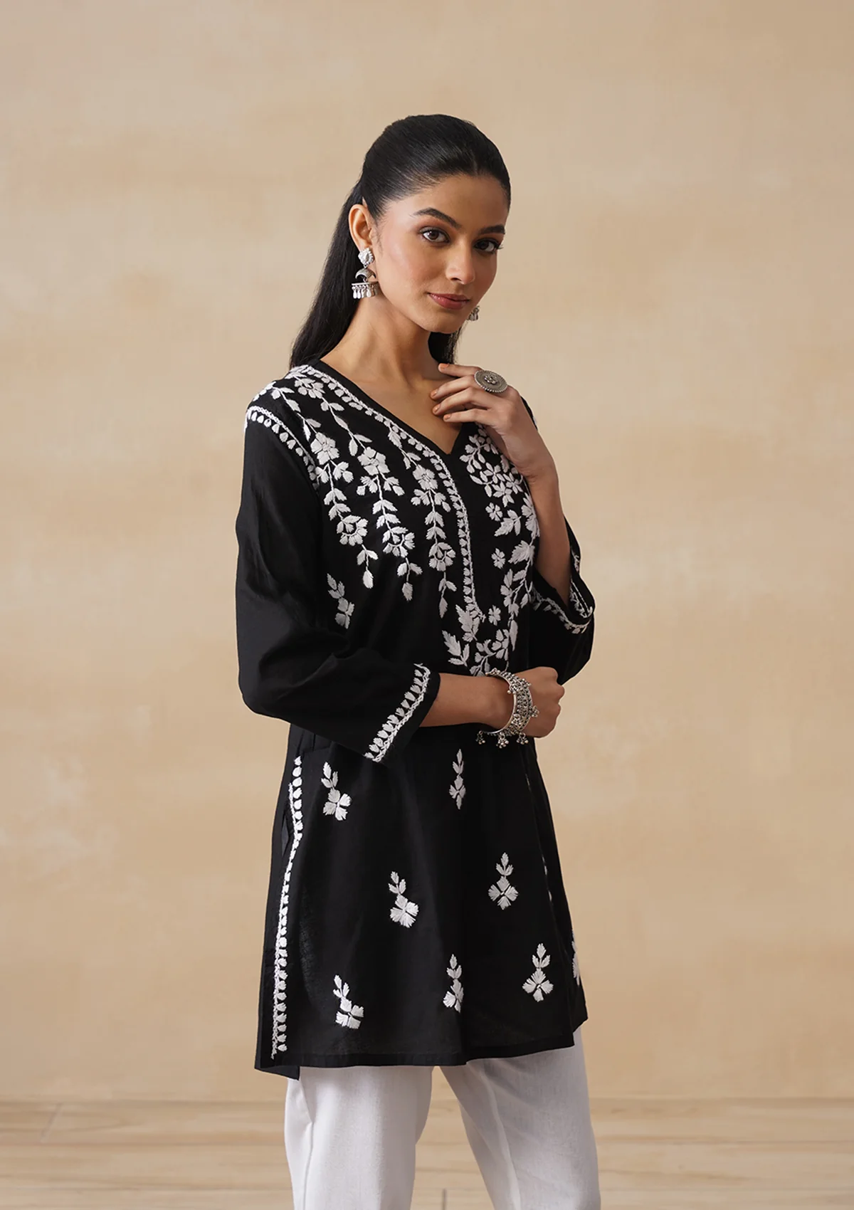 HOC Cotton Chikankari Solid Women's Short Kurta - Black - Image 4