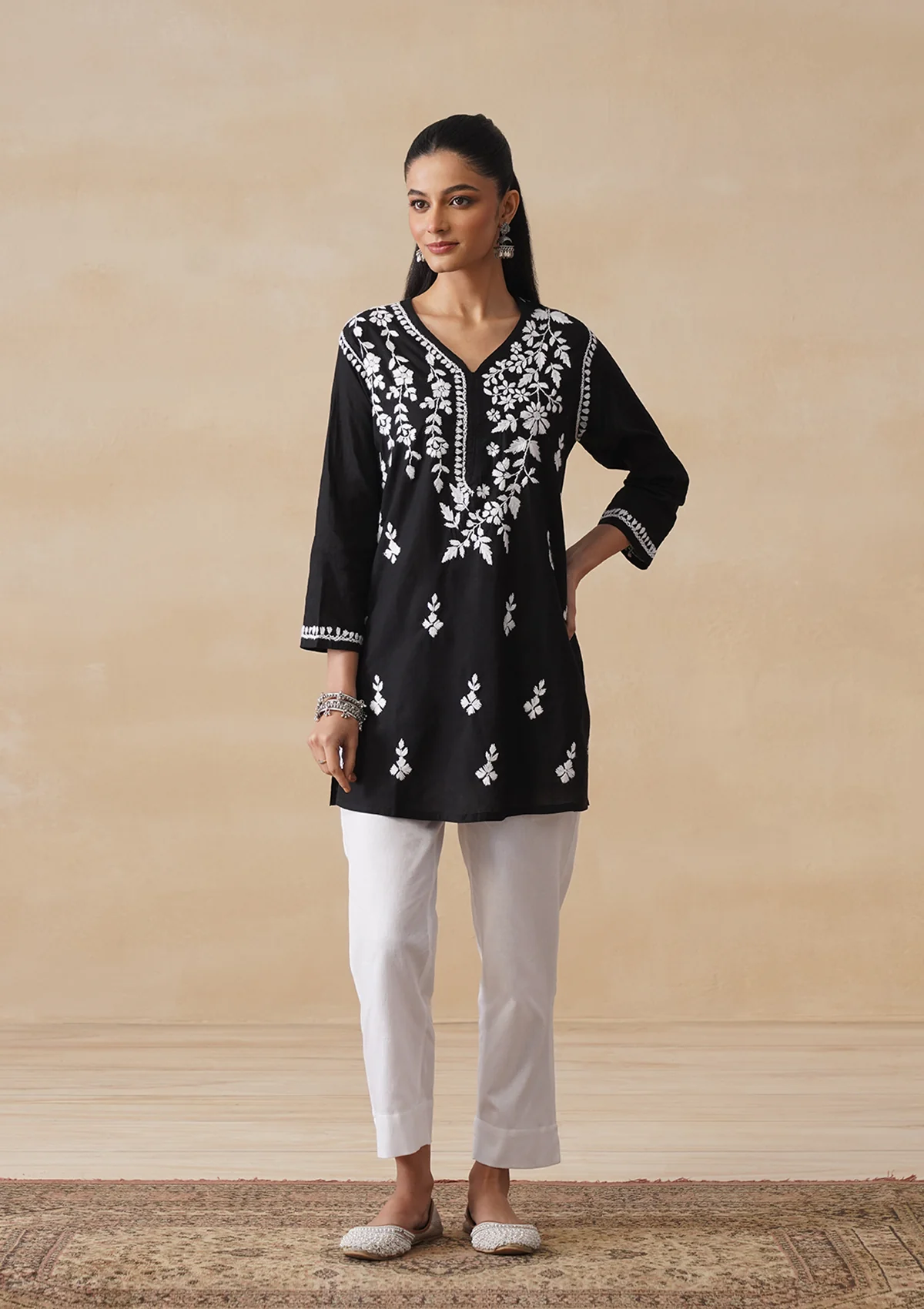 HOC Cotton Chikankari Solid Women's Short Kurta - Black - Image 5
