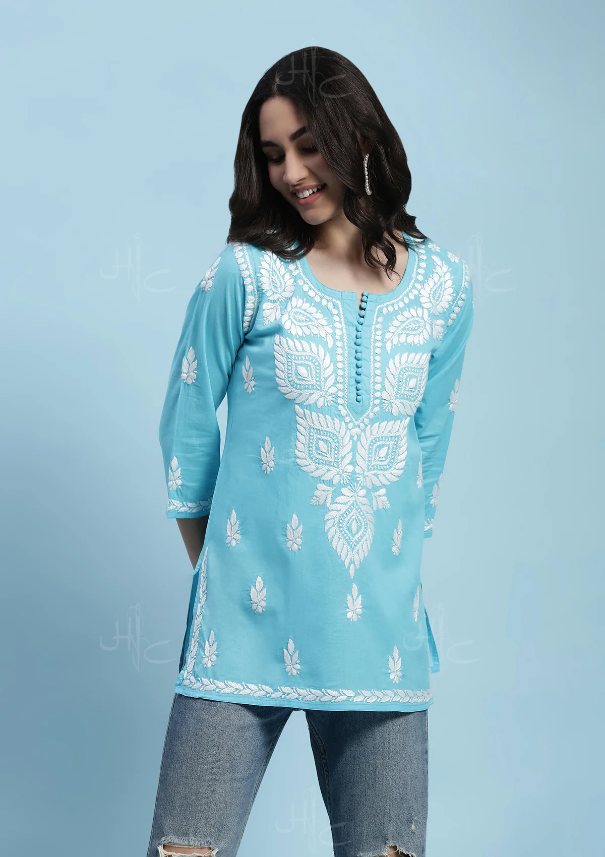 Cotton Chikankari Solid Women's Short Kurta - Blue
