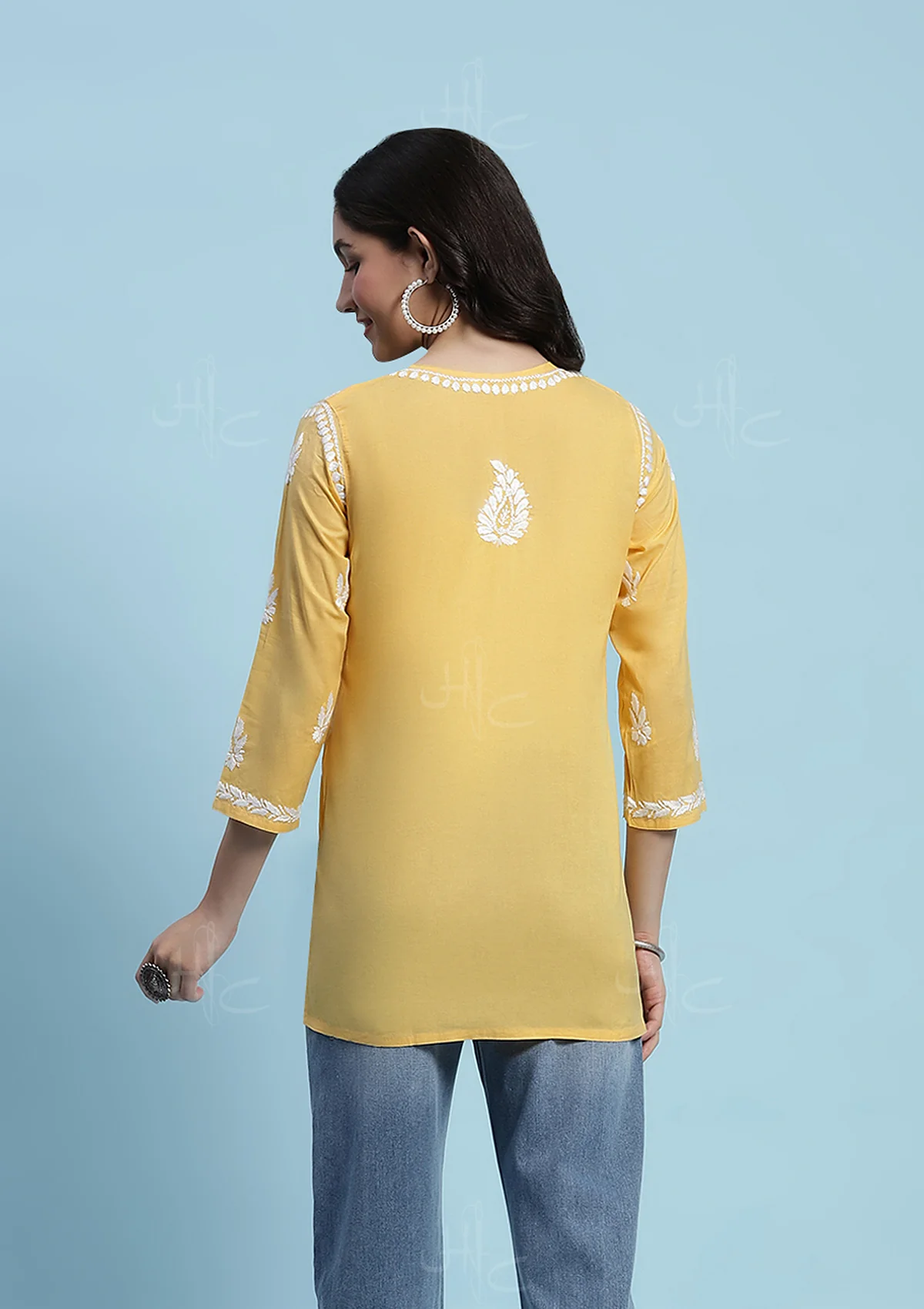 Cotton Chikankari Solid Women's Short Kurta - Yellow - Image 6