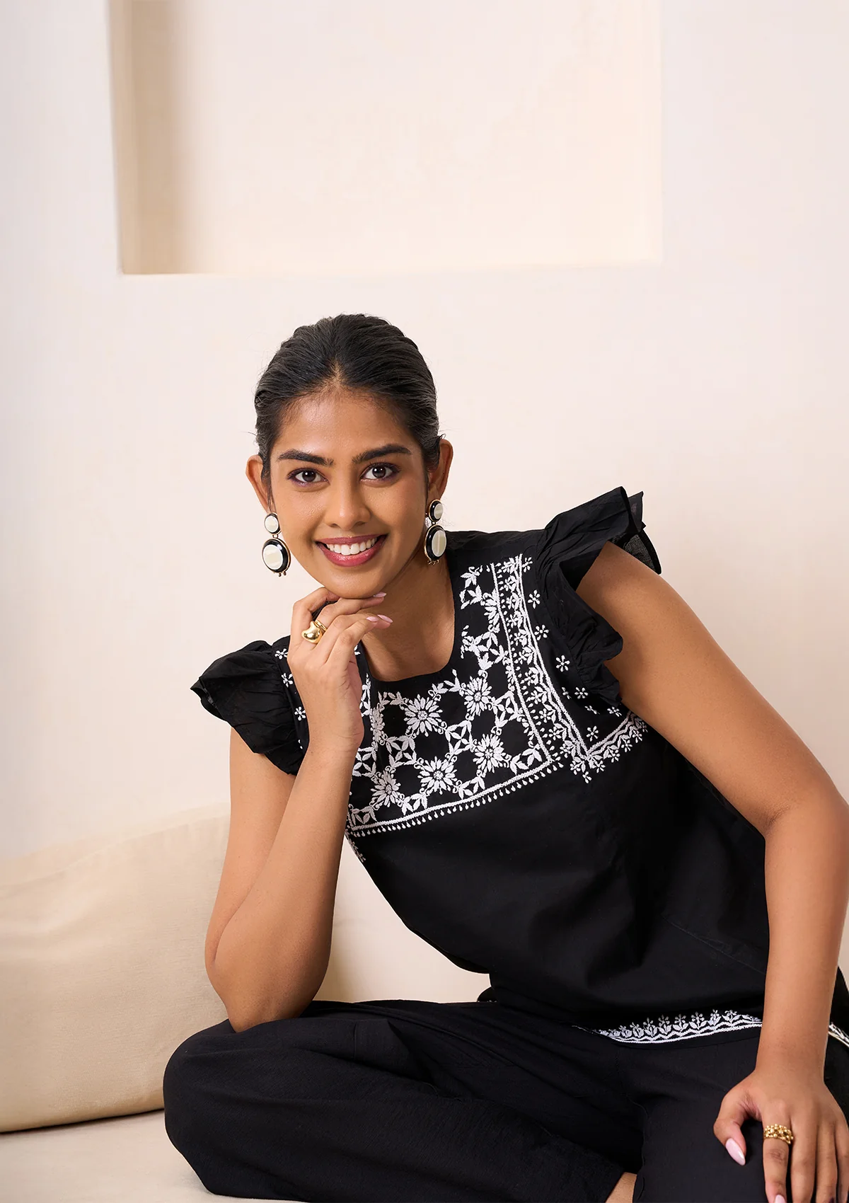 HOC Cotton Chikankari Solid Women's Top - Black - Image 4