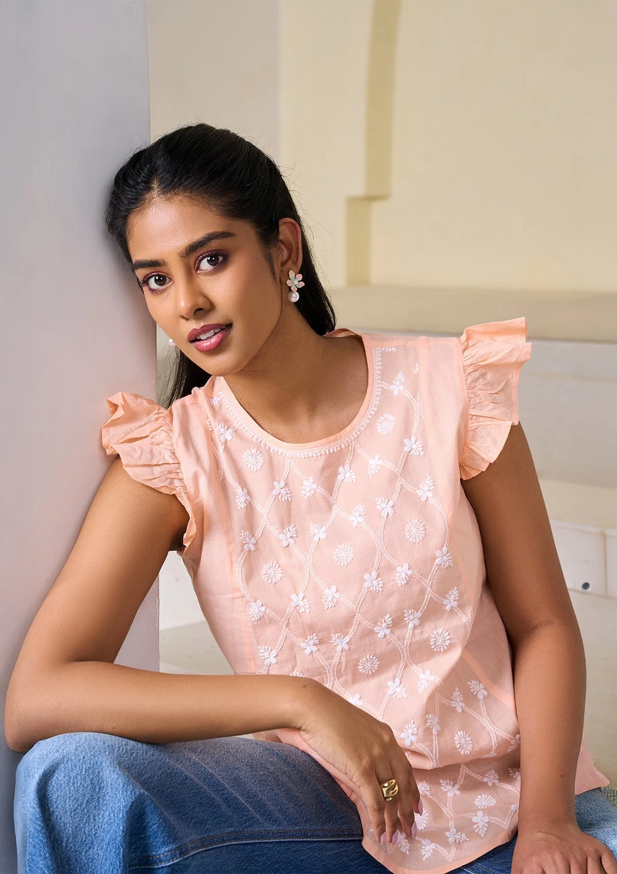 HOC Cotton Chikankari Solid Women's Top - Peach - Image 5