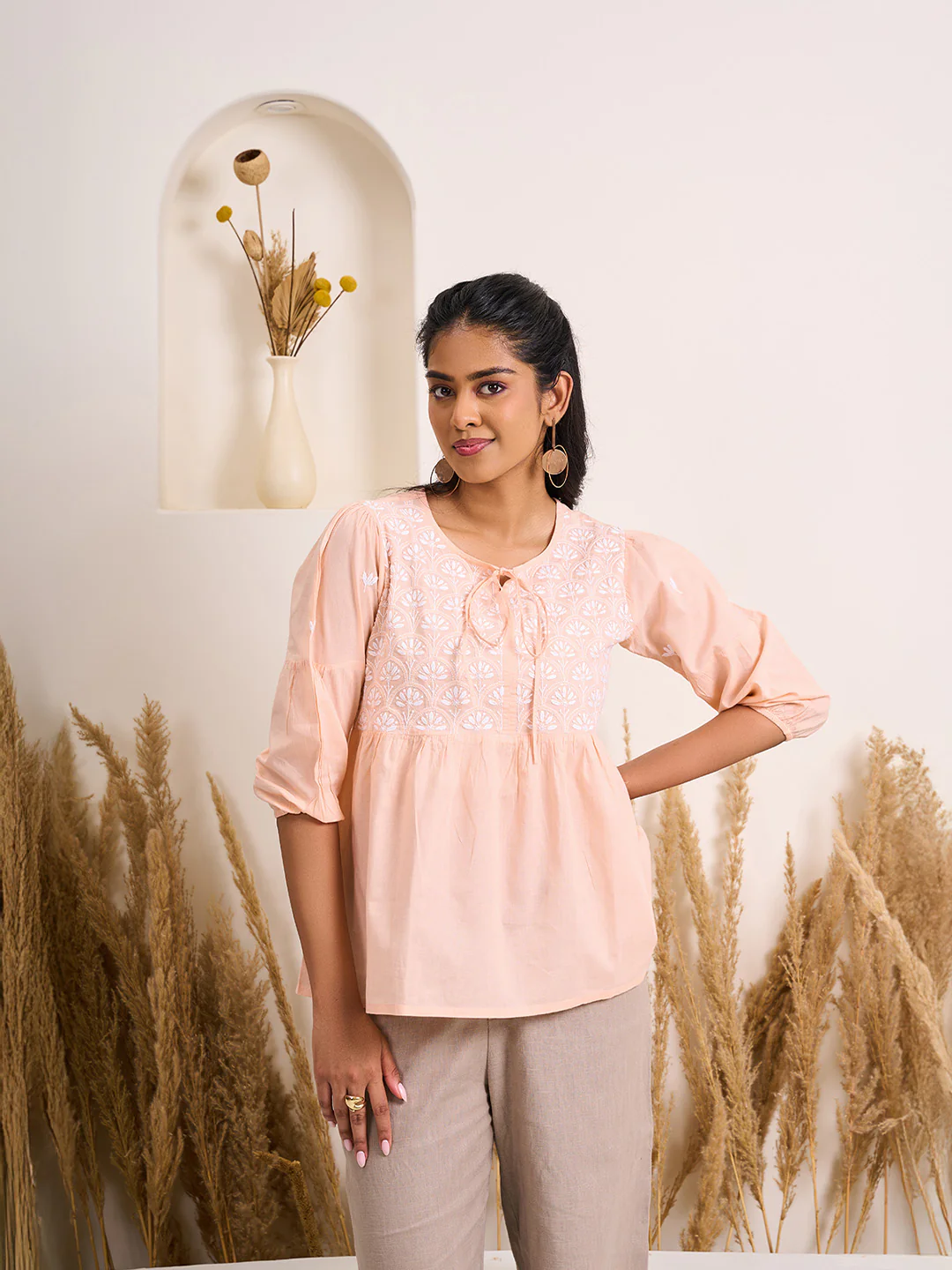 HOC Cotton Chikankari Solid Women's Top - Peach - Image 3