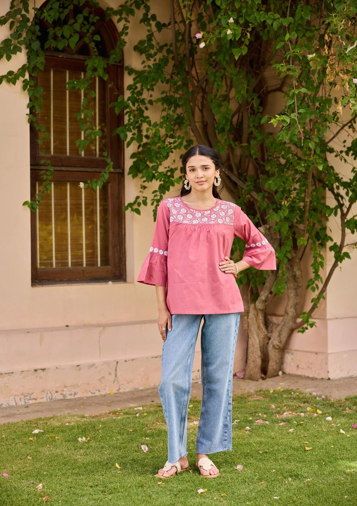 HOC Cotton Chikankari Solid Women's Top - Rust Pink - Image 3