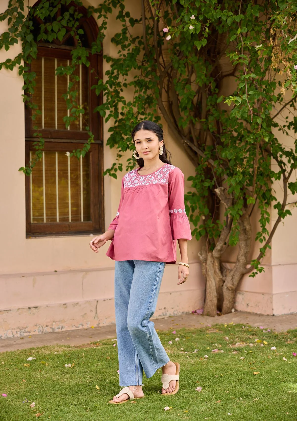 HOC Cotton Chikankari Solid Women's Top - Rust Pink - Image 4
