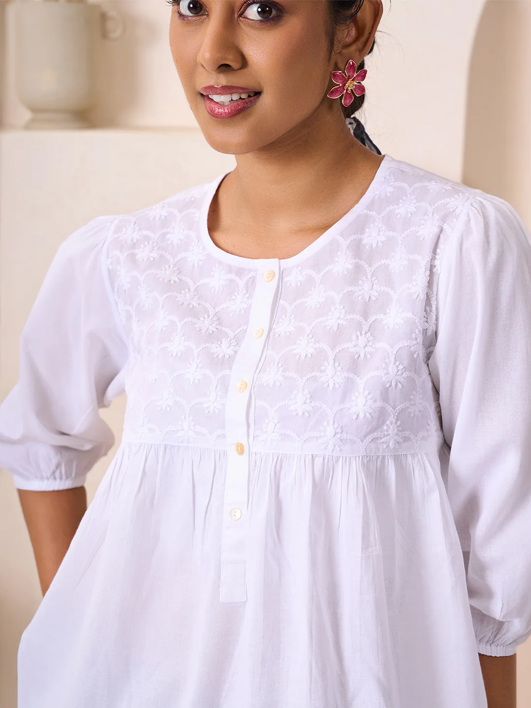 HOC Cotton Chikankari Solid Women's Top - White - Image 5