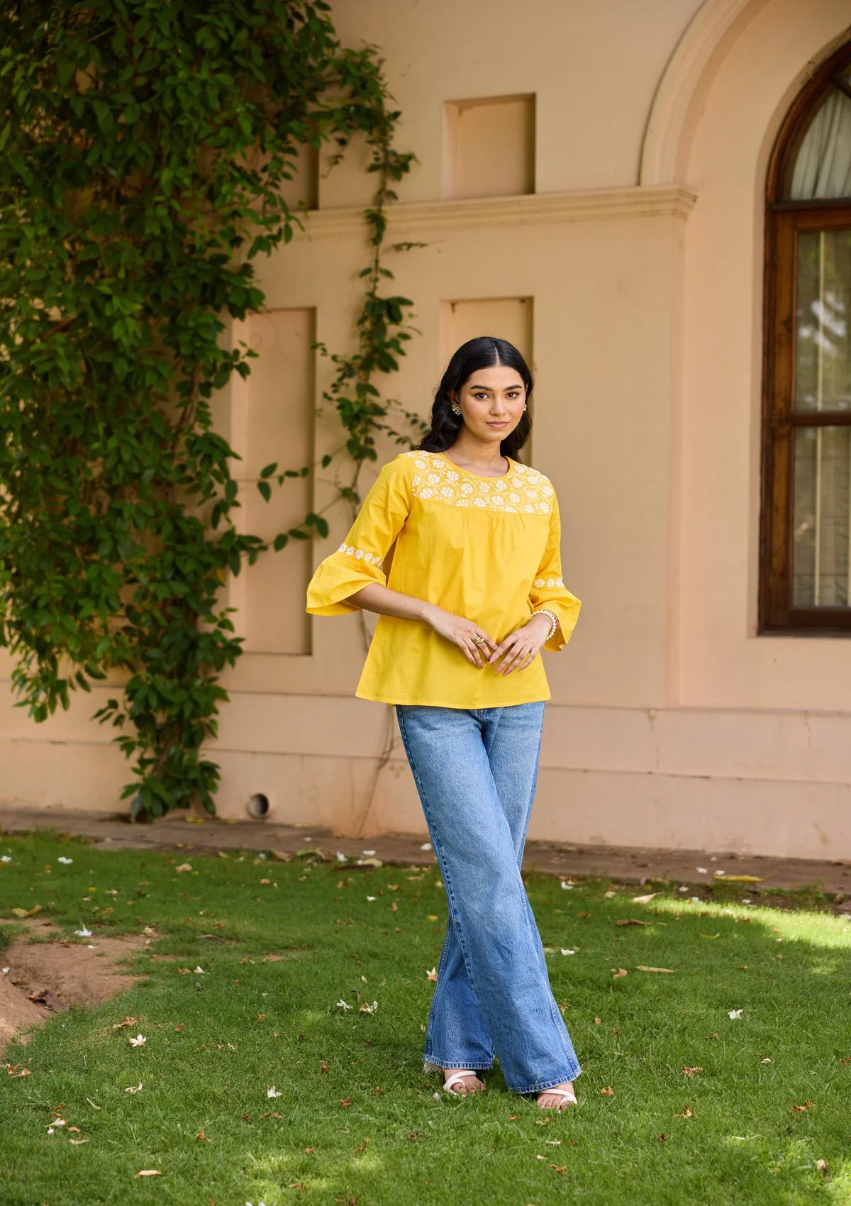 HOC Cotton Chikankari Solid Women's Top - Yellow - Image 3