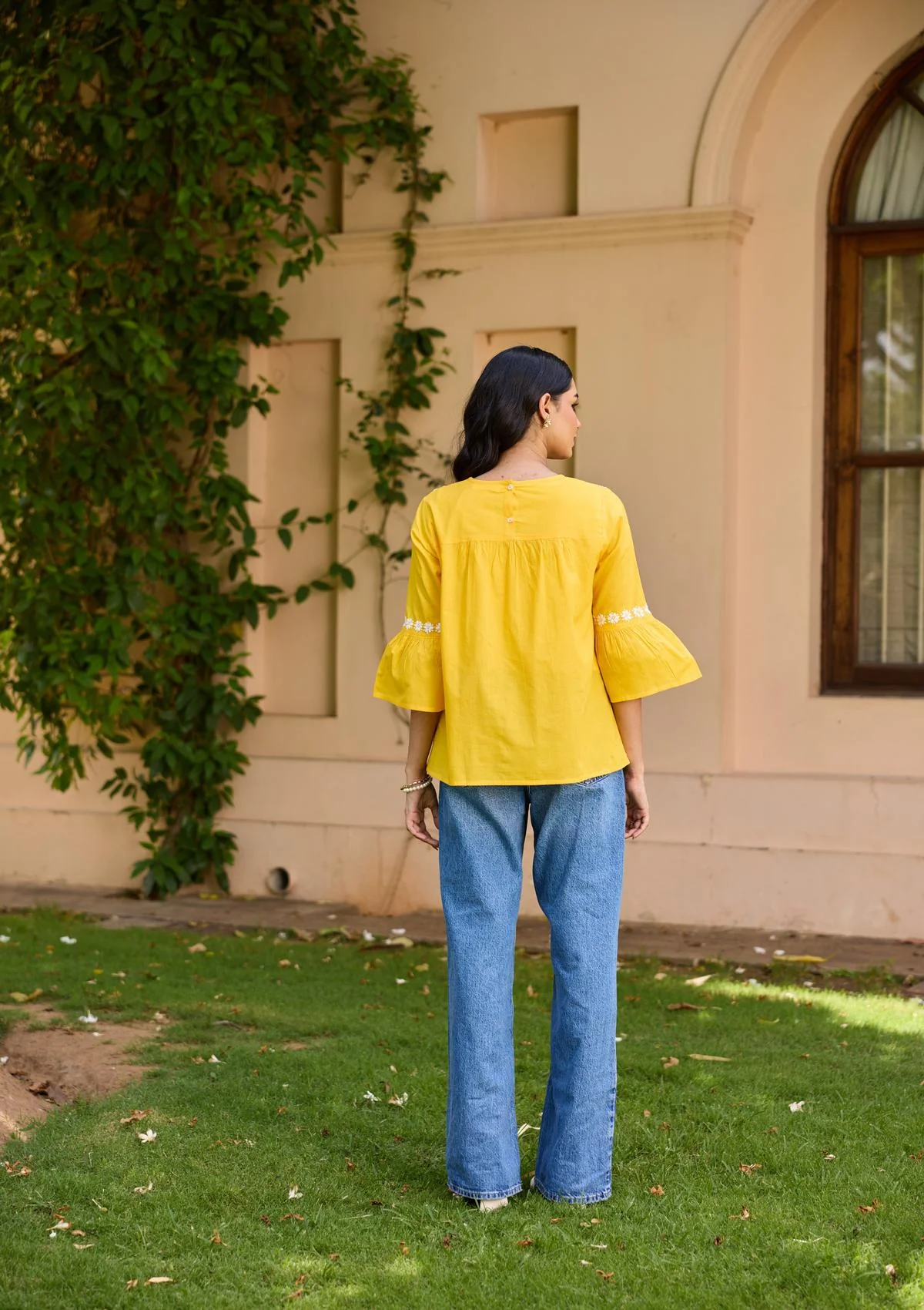 HOC Cotton Chikankari Solid Women's Top - Yellow - Image 5