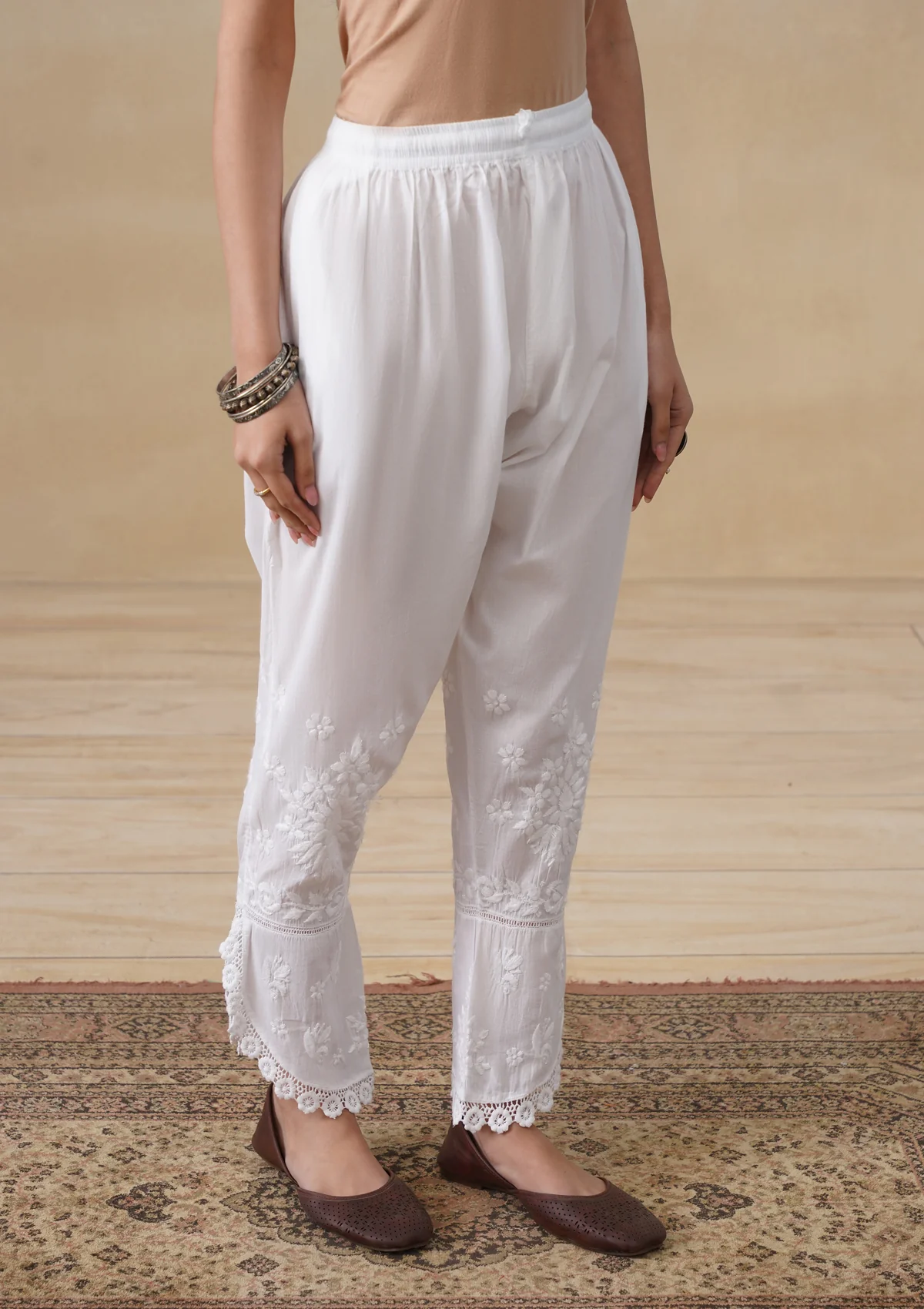 HOC Cotton Chikankari Solid Women's Tulip Pants - White - Image 2