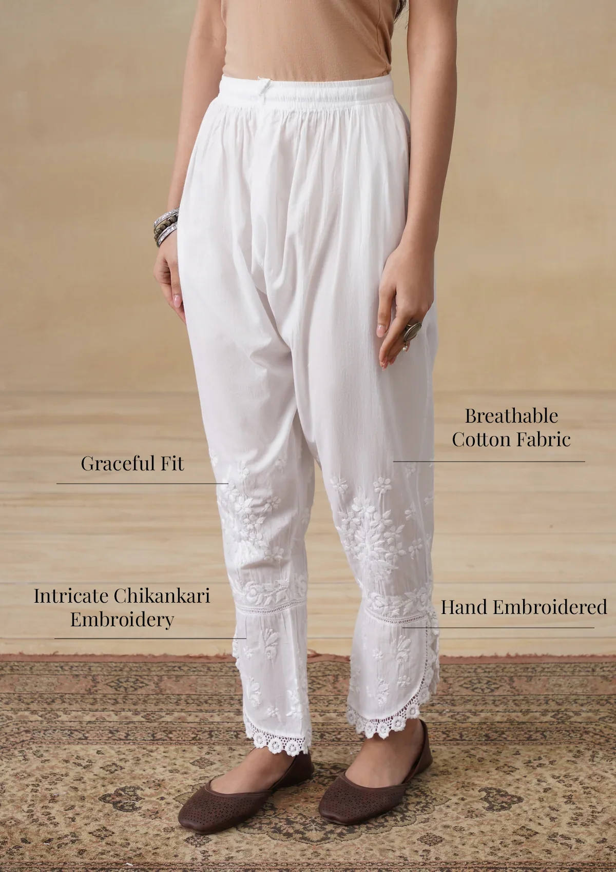 HOC Cotton Chikankari Solid Women's Tulip Pants - White - Image 7